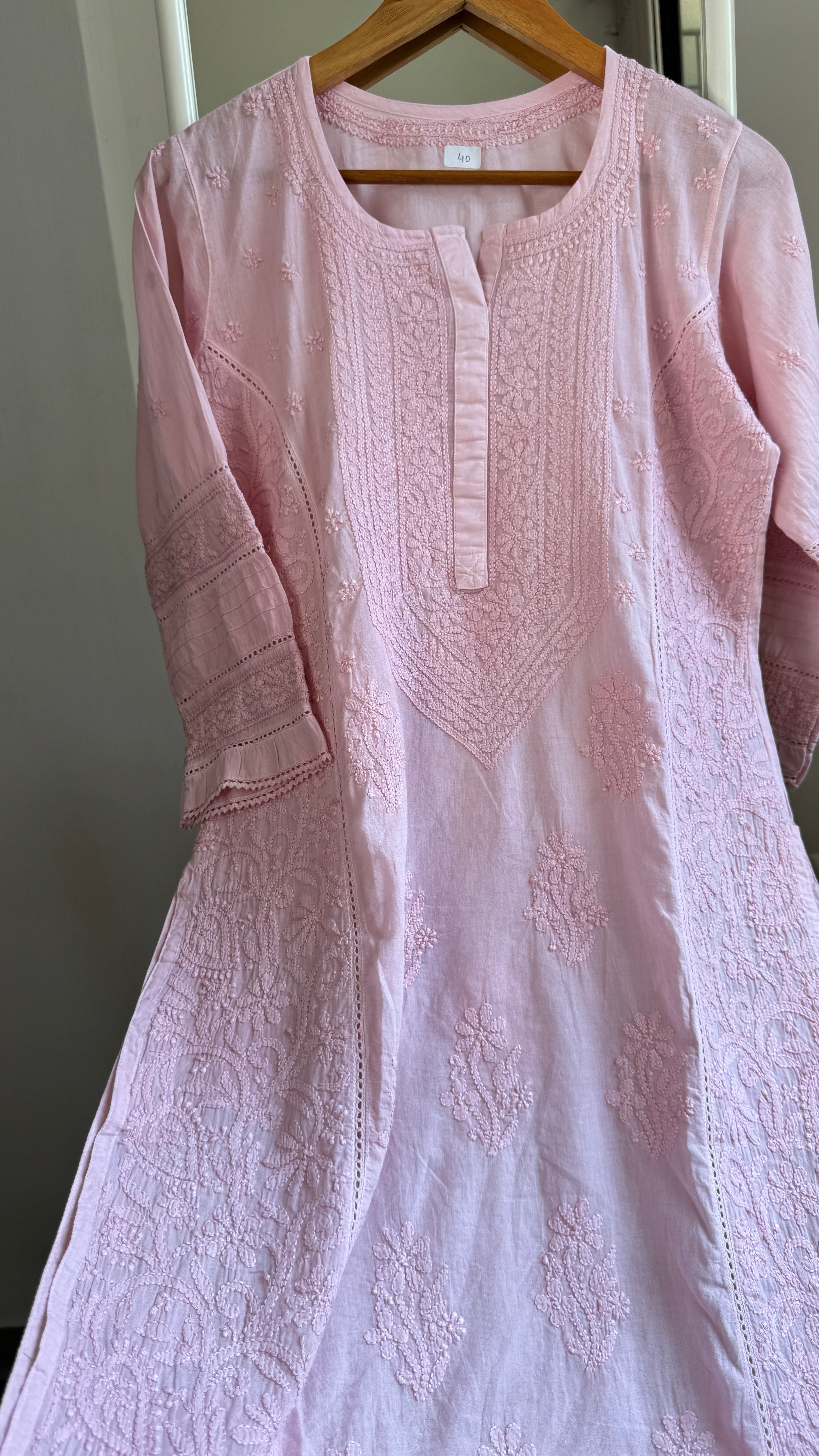 Mul Cotton Chikankari Kurti - Pale Pink - Fiza Collection