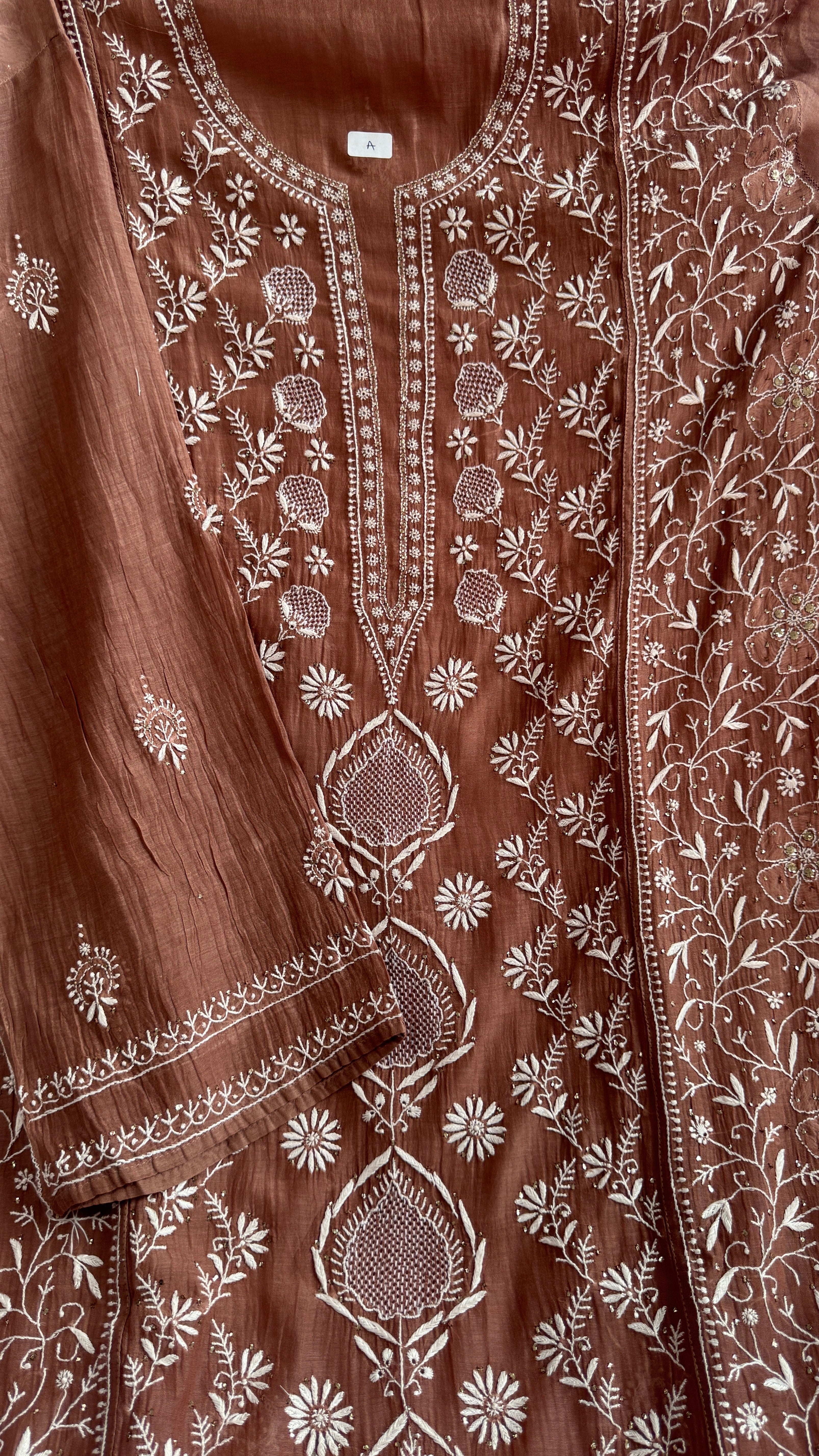 Mul Chanderi Chikankari Unstitched Length with Dupatta with Mukaish Add-On - Brown
