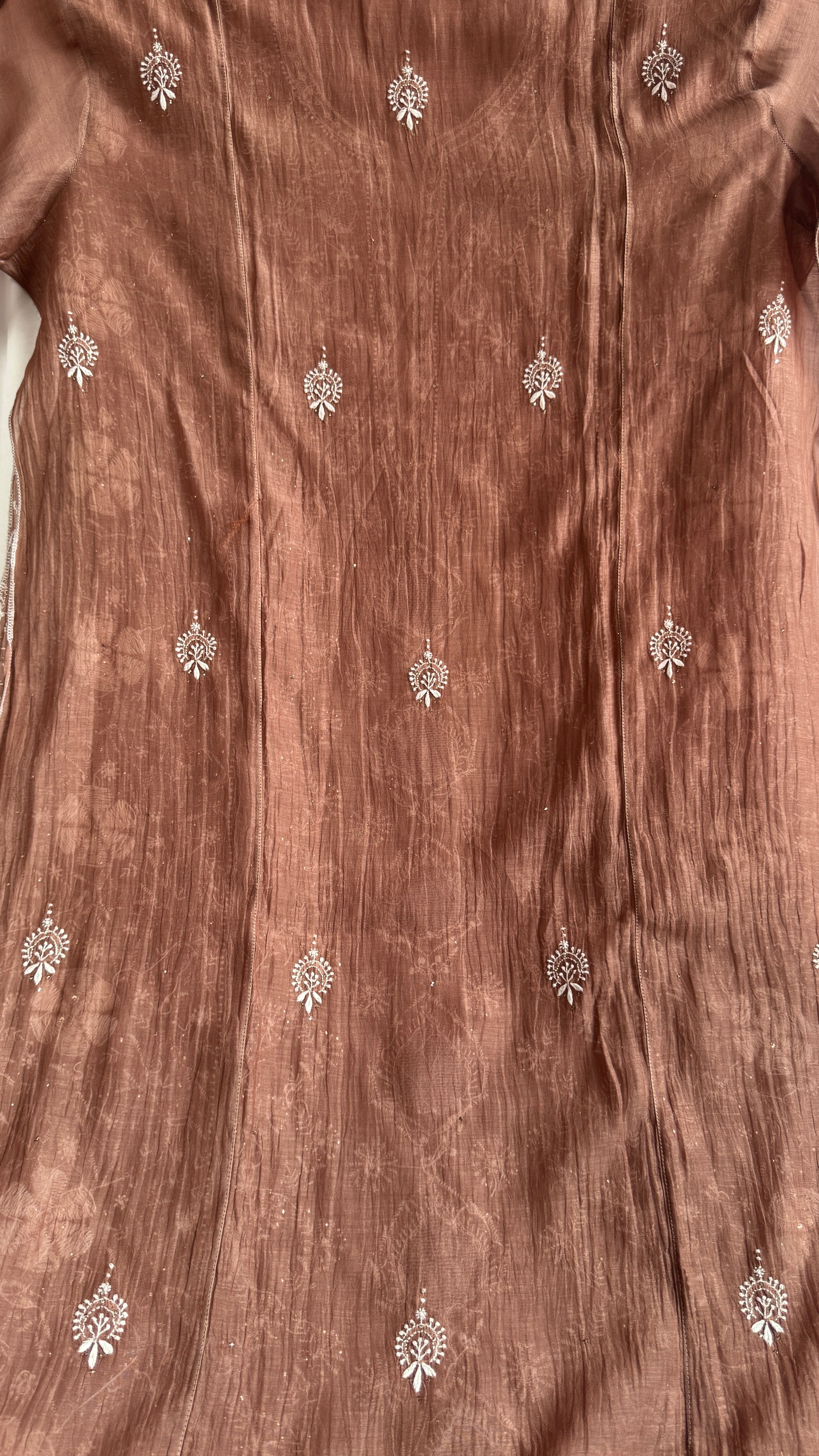 Mul Chanderi Chikankari Unstitched Length with Dupatta with Mukaish Add-On - Brown
