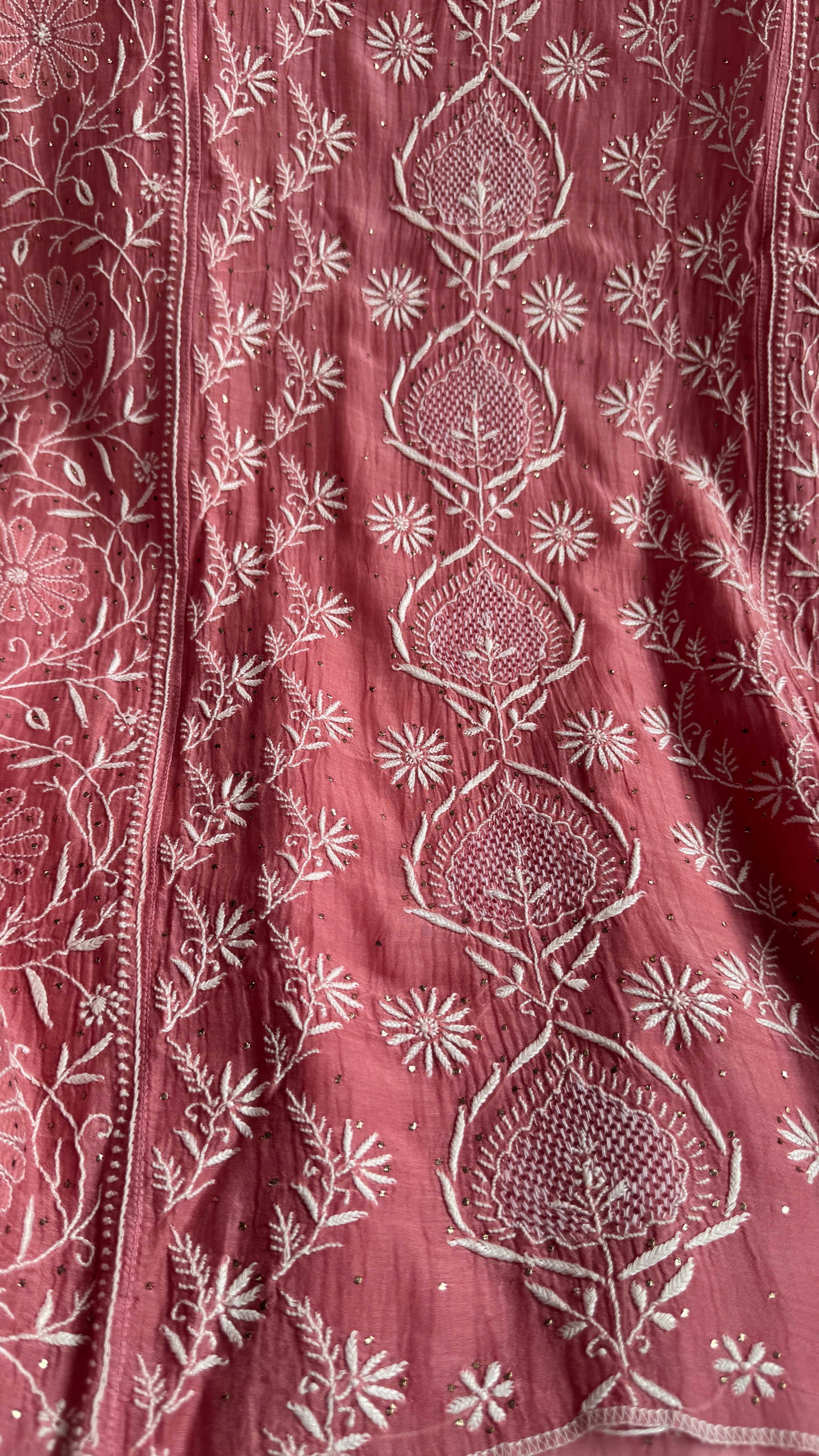 Mul Chanderi Chikankari Unstitched Length with Dupatta with Mukaish Add-On- Rosewood