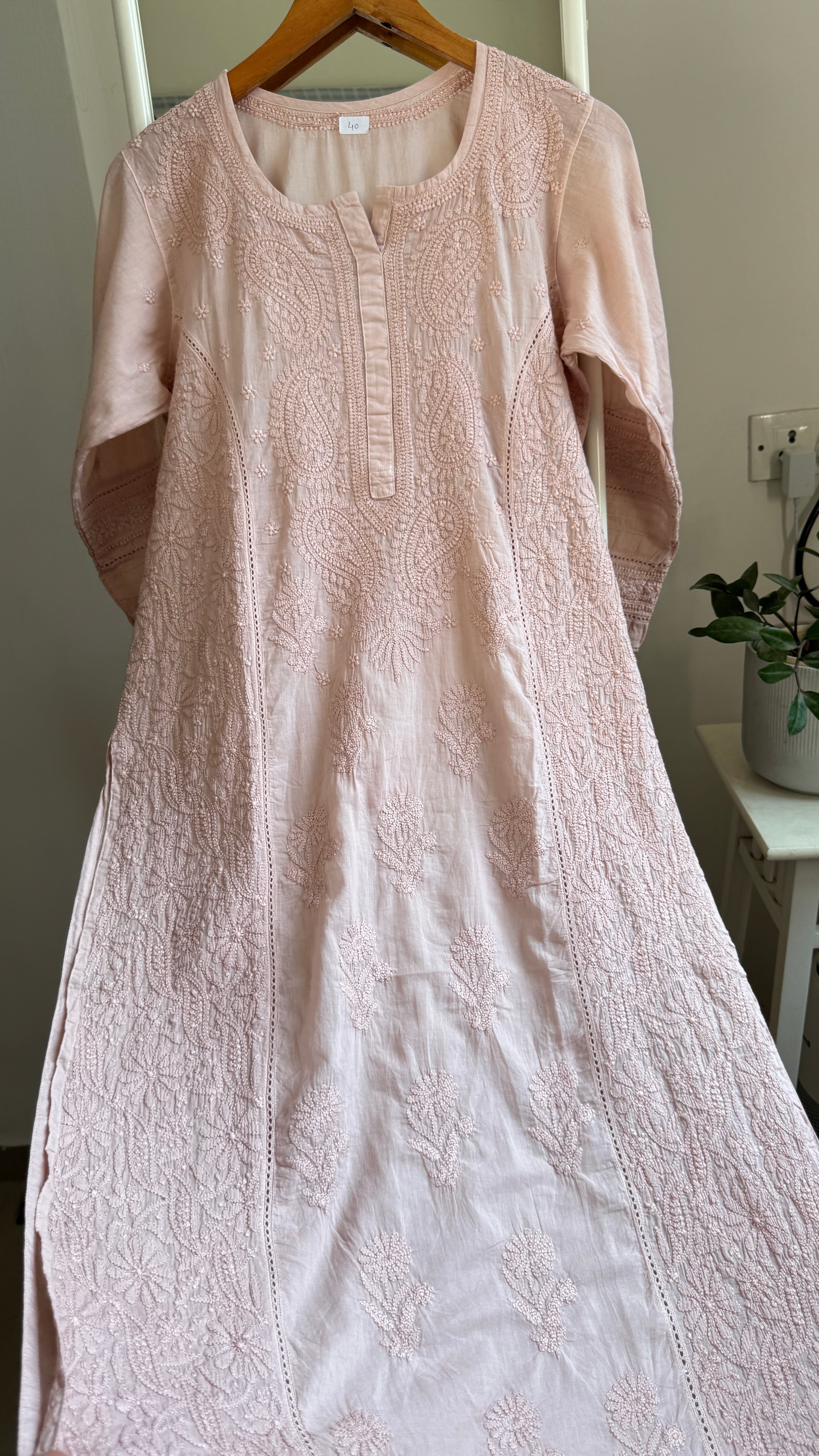 Mul Cotton Chikankari Kurti - Nude Pink - Fiza Collection