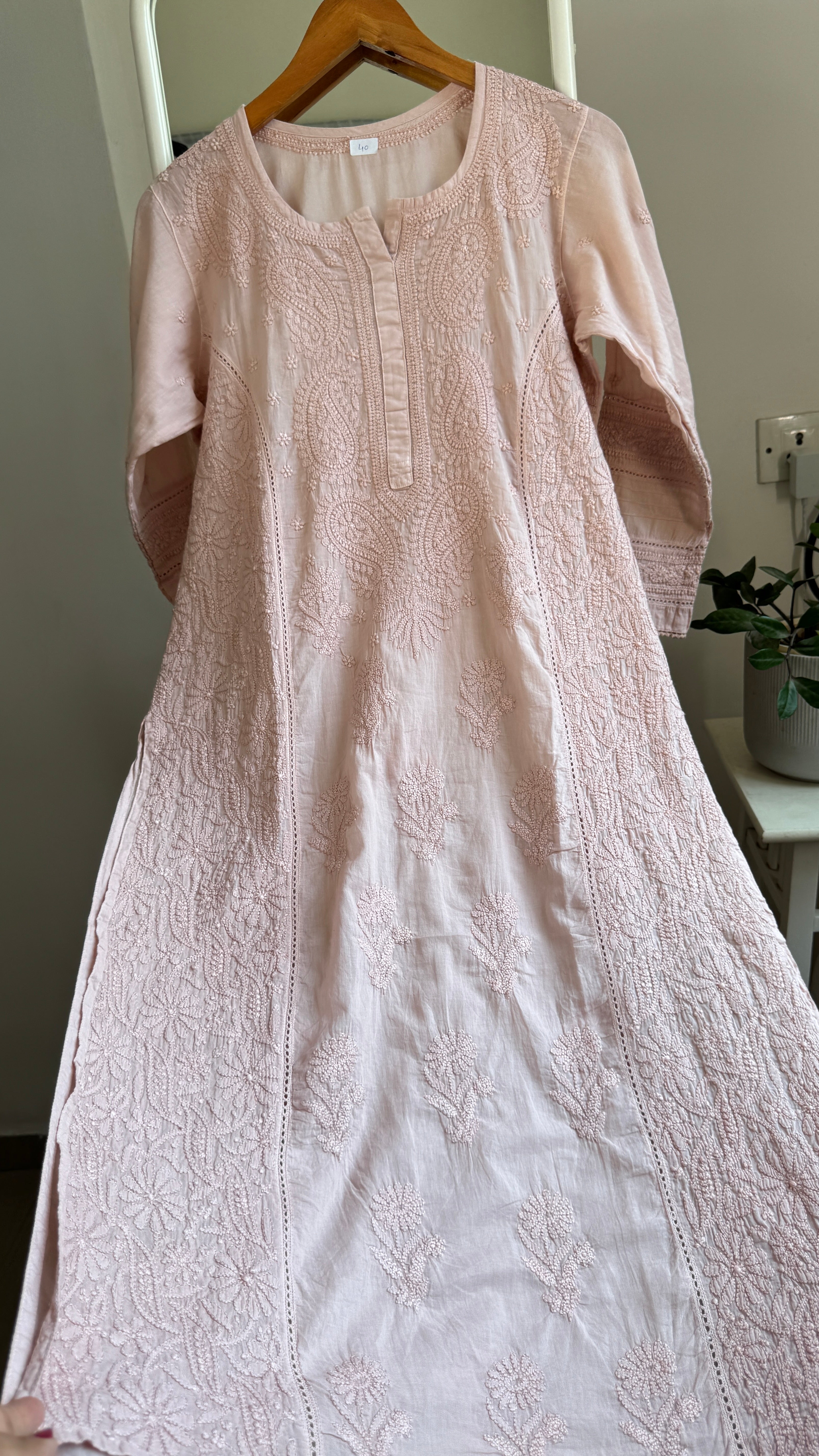Mul Cotton Chikankari Kurti - Nude Pink - Fiza Collection