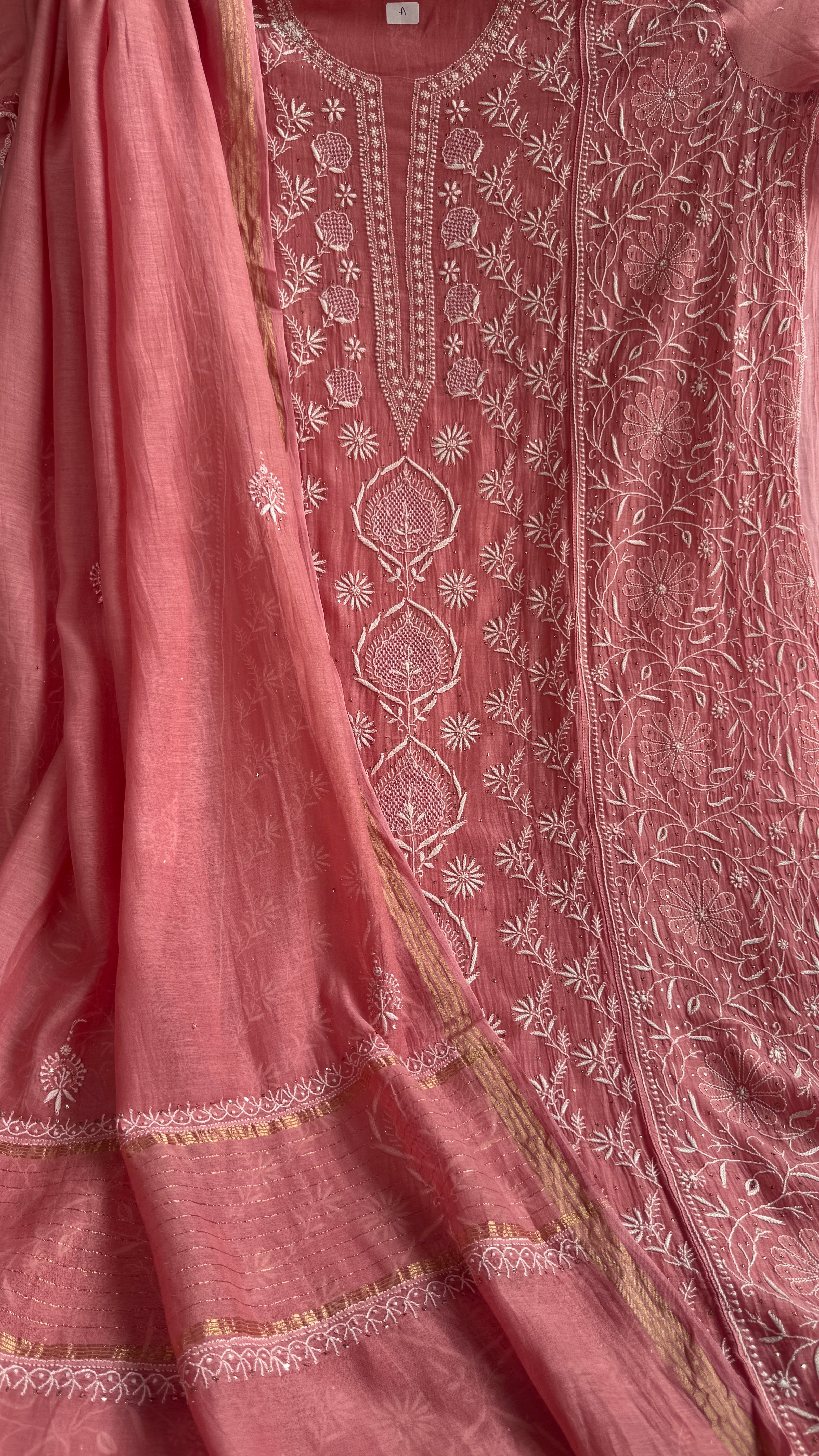 Mul Chanderi Chikankari Unstitched Length with Dupatta with Mukaish Add-On- Rosewood