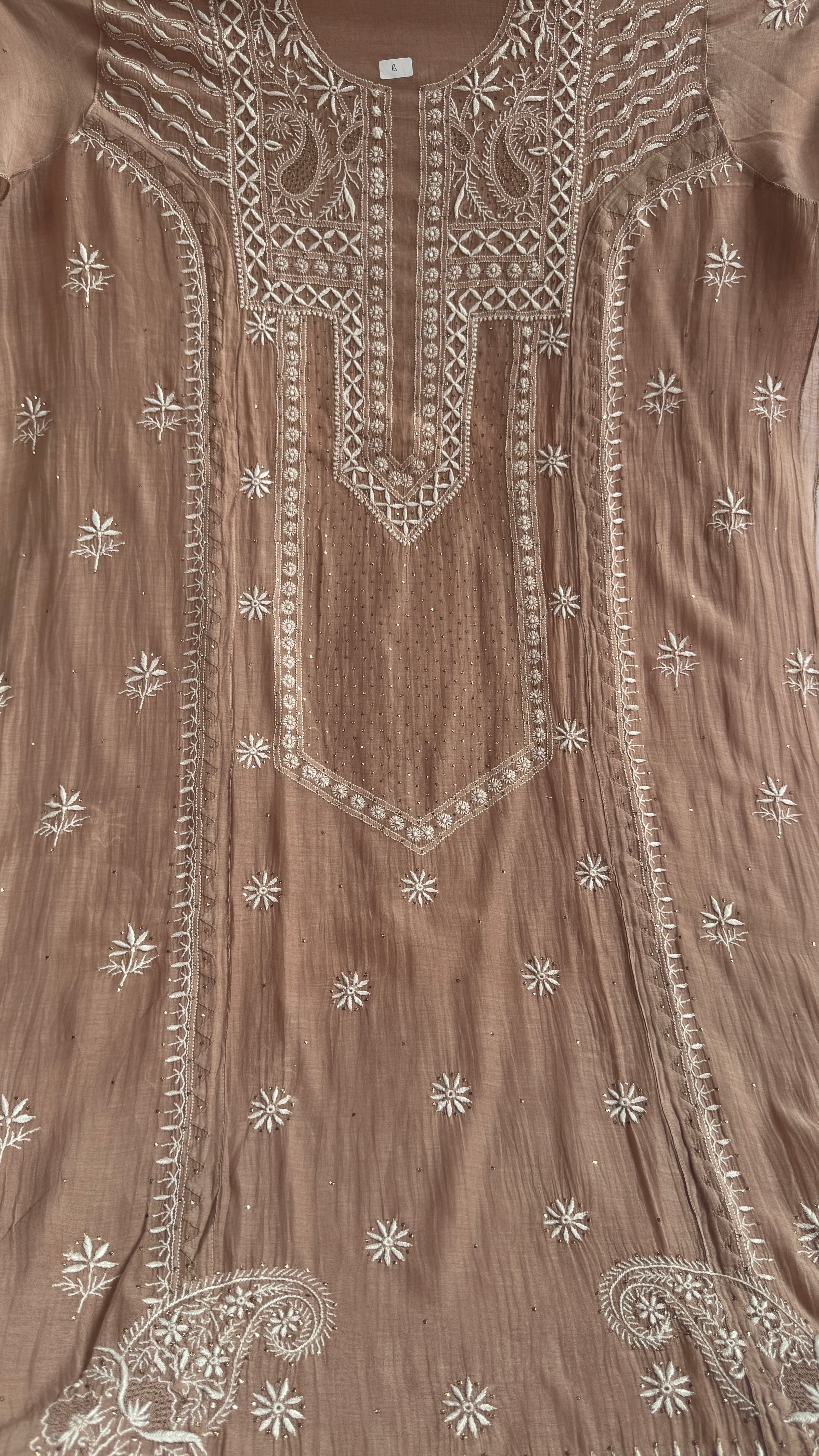 Mul Chanderi Chikankari Unstitched Length with Dupatta with Mukaish Add-On- Nude Pink