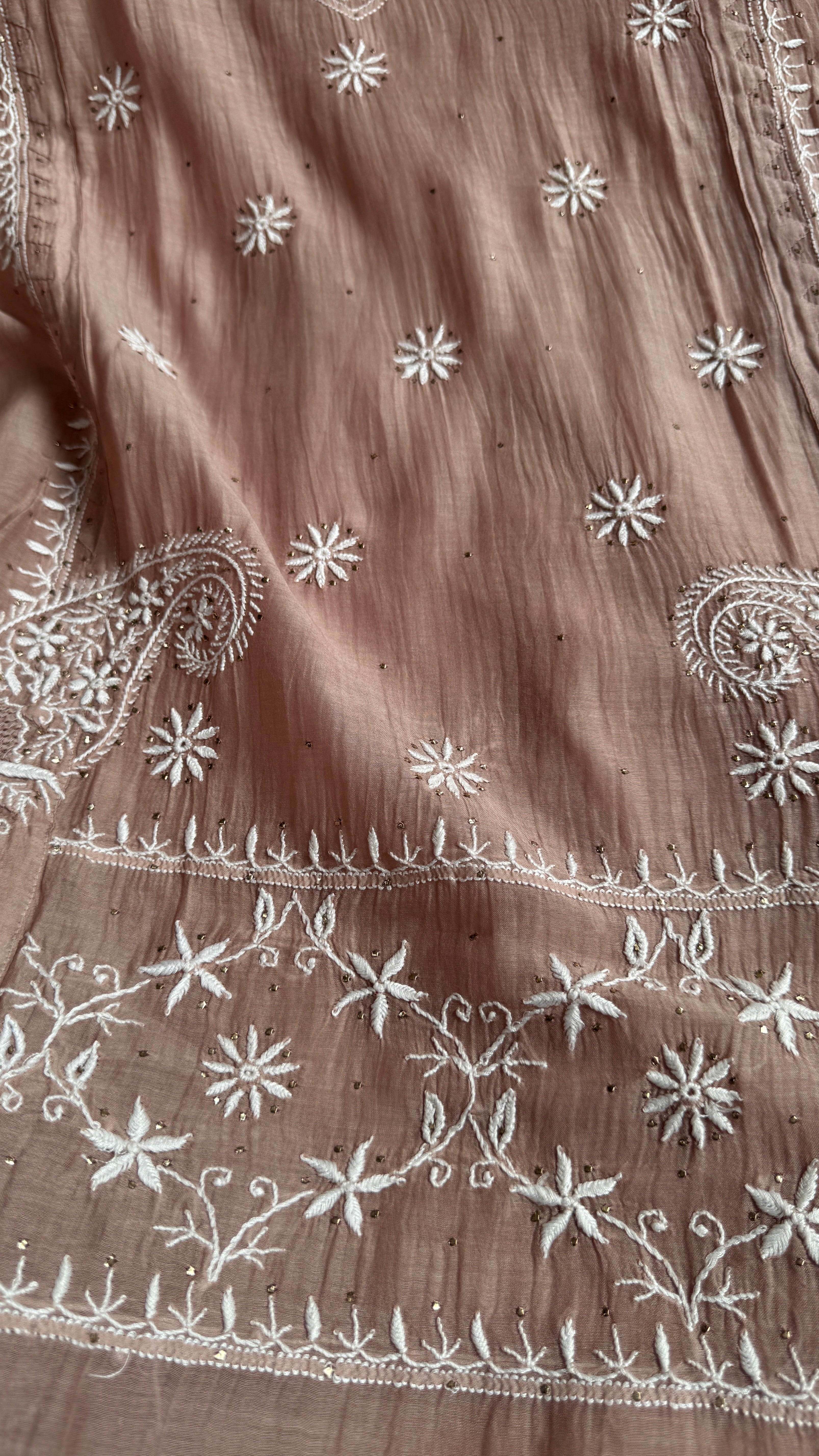 Mul Chanderi Chikankari Unstitched Length with Dupatta with Mukaish Add-On- Nude Pink