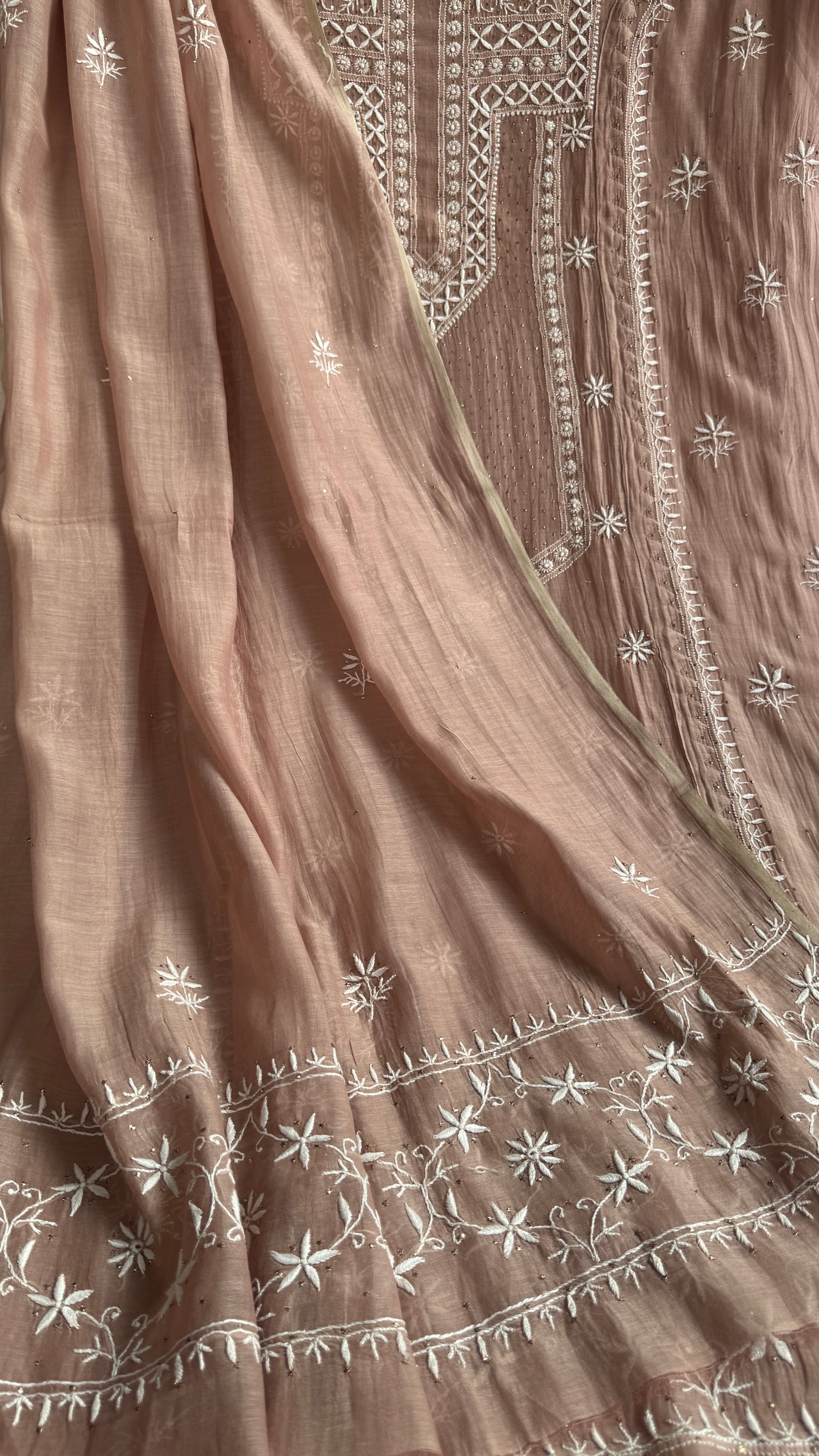 Mul Chanderi Chikankari Unstitched Length with Dupatta with Mukaish Add-On- Nude Pink