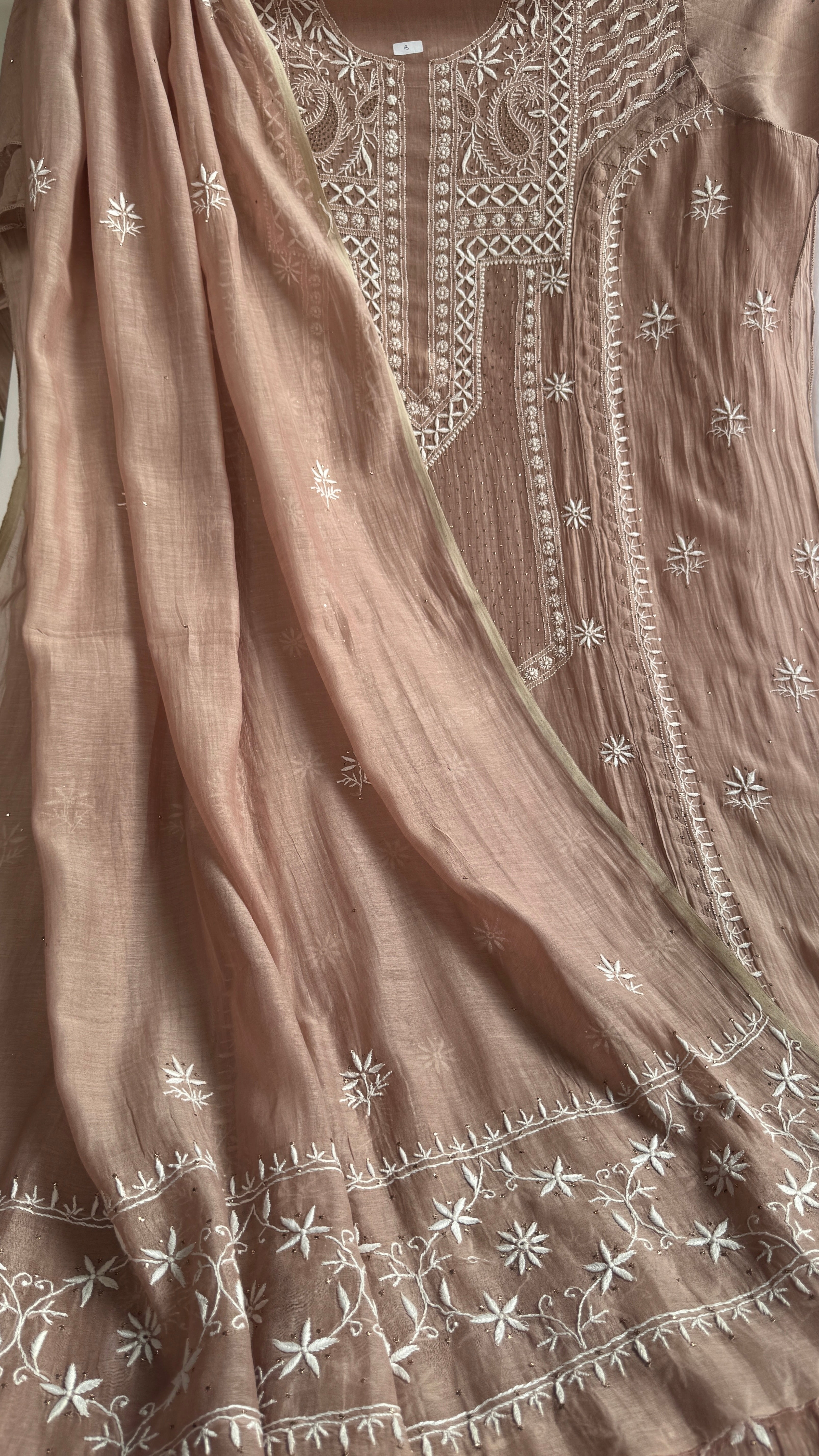 Mul Chanderi Chikankari Unstitched Length with Dupatta with Mukaish Add-On- Nude Pink