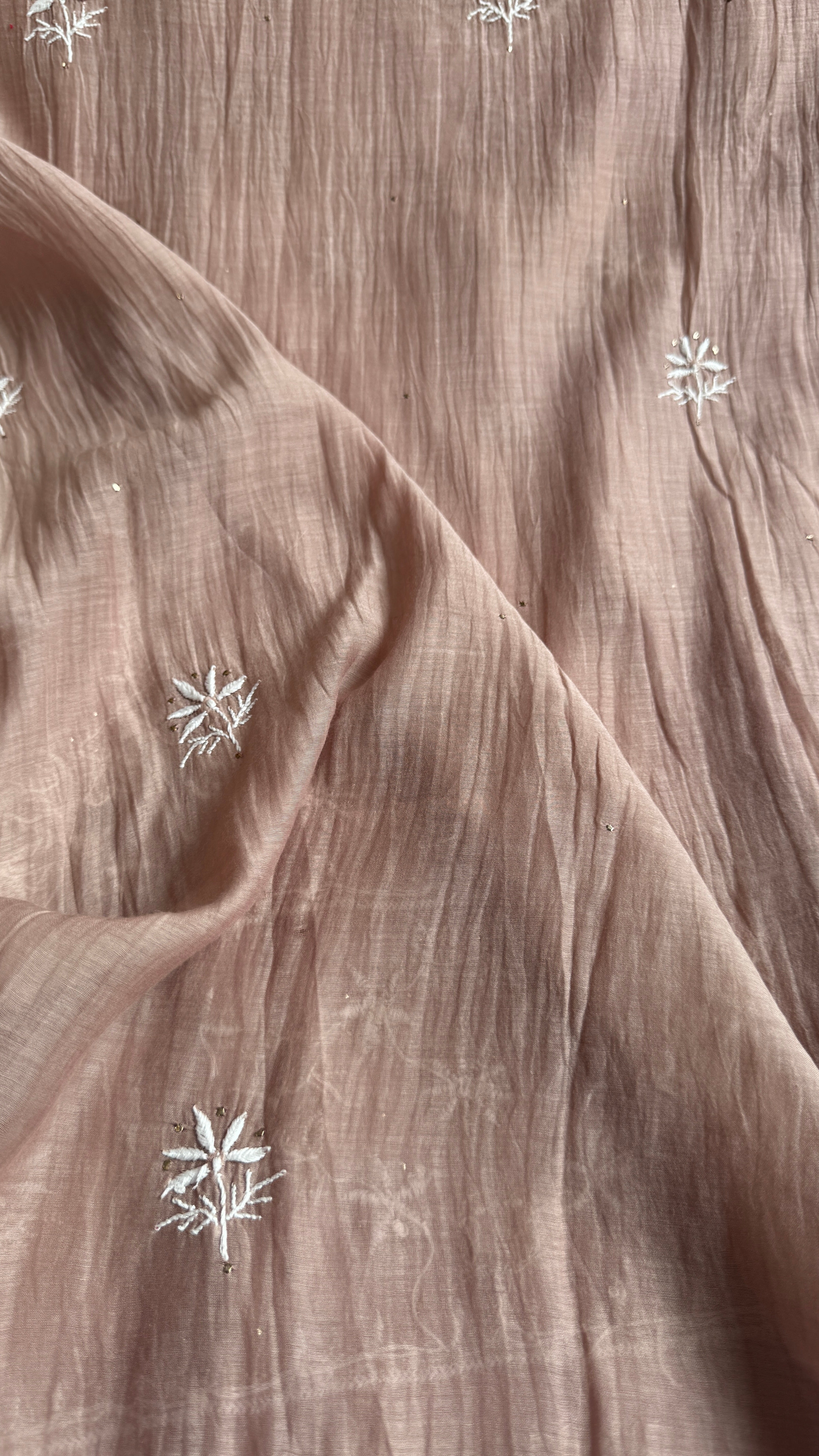Mul Chanderi Chikankari Unstitched Length with Dupatta with Mukaish Add-On- Nude Pink