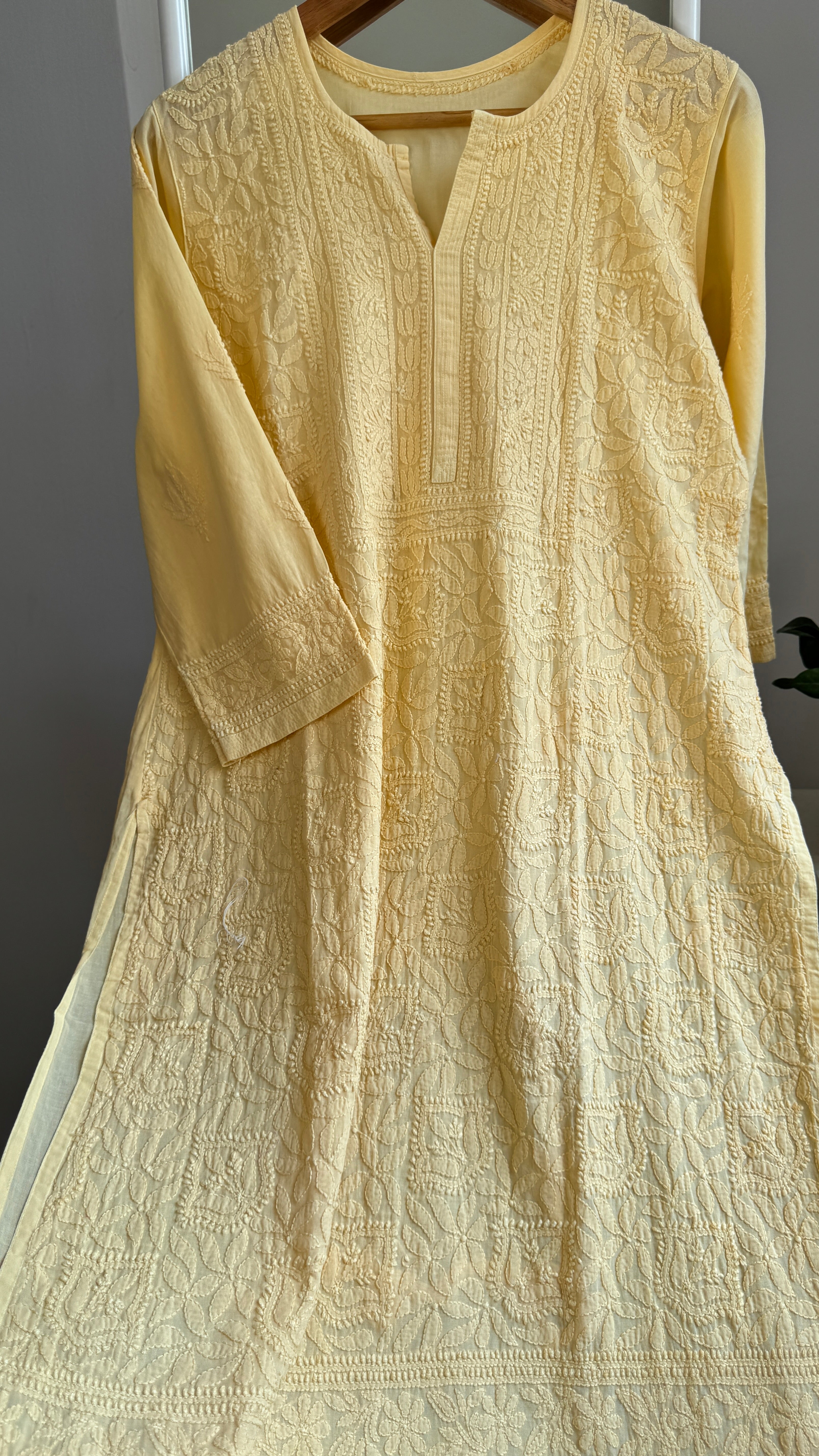 Pure Cotton Chikankari Full Jaal Kurti - Yellow - Naaz Collection