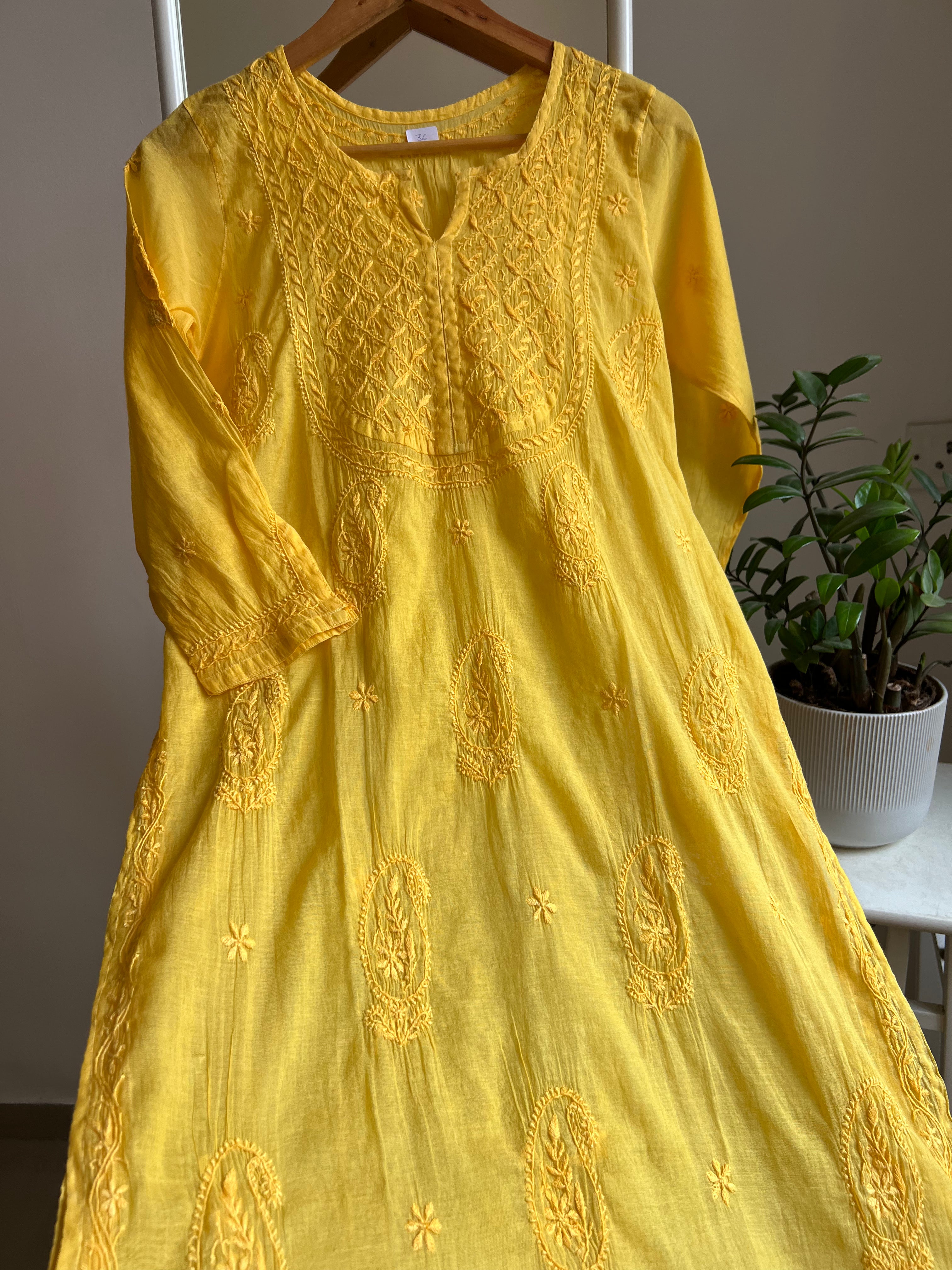 Mul Cotton Chikankari Kurti - Yellow ARIAA CHIKANKARI 