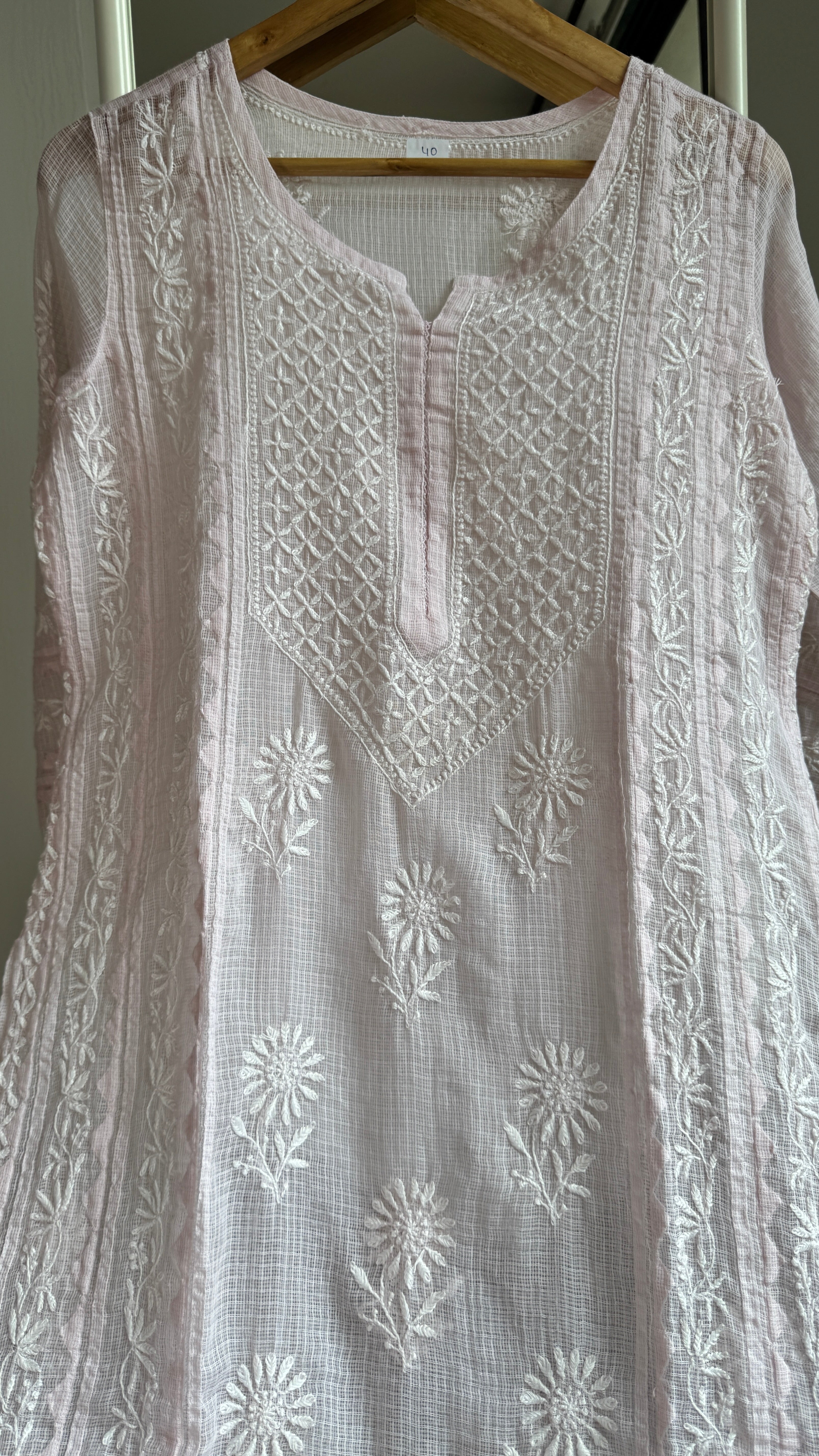 Kota Soft Cotton Chikankari Kurti - Pale  Pink - TARA Collection