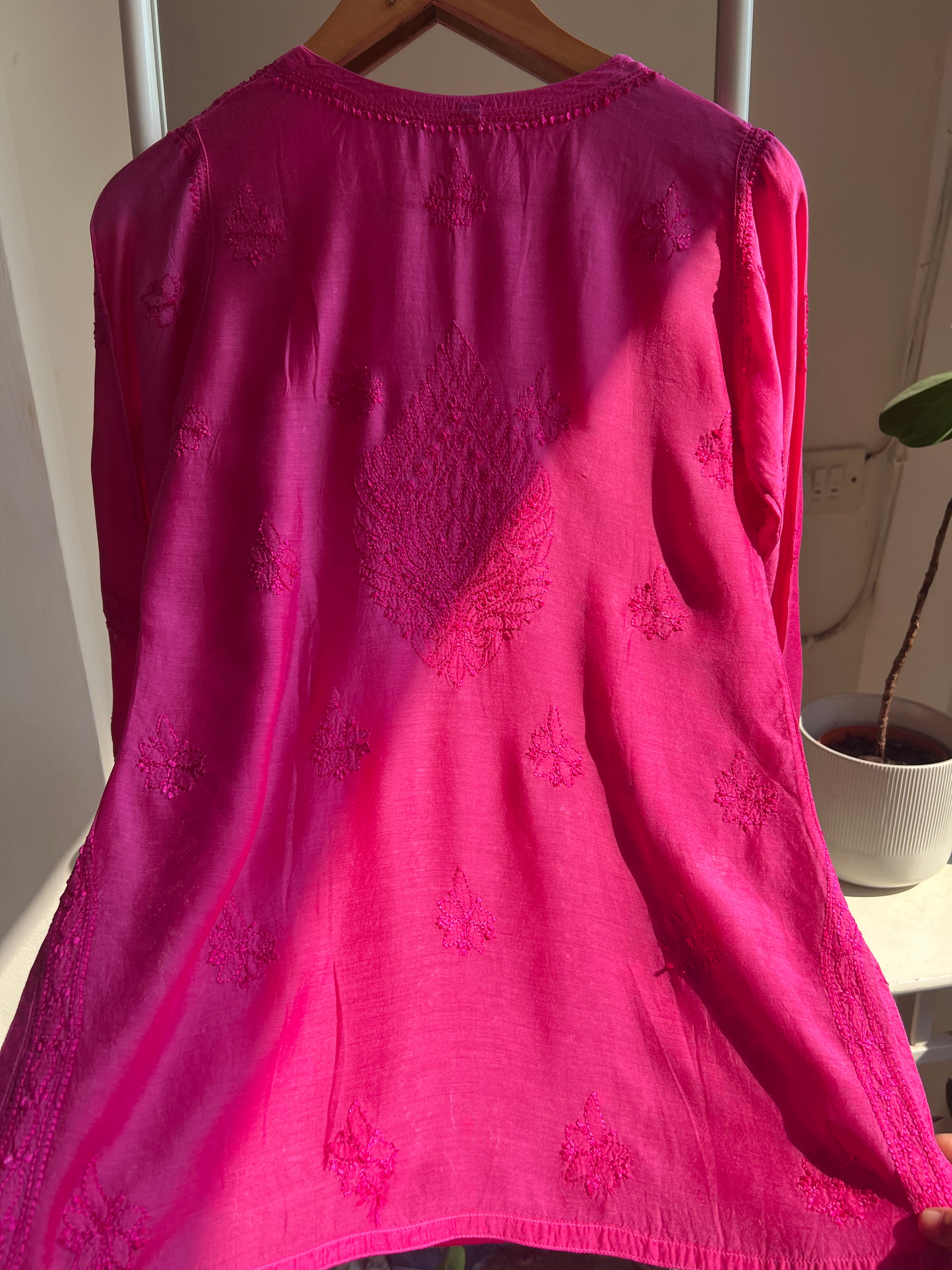 Chikankari Muslin short Top in hot Pink - HOOR Collection