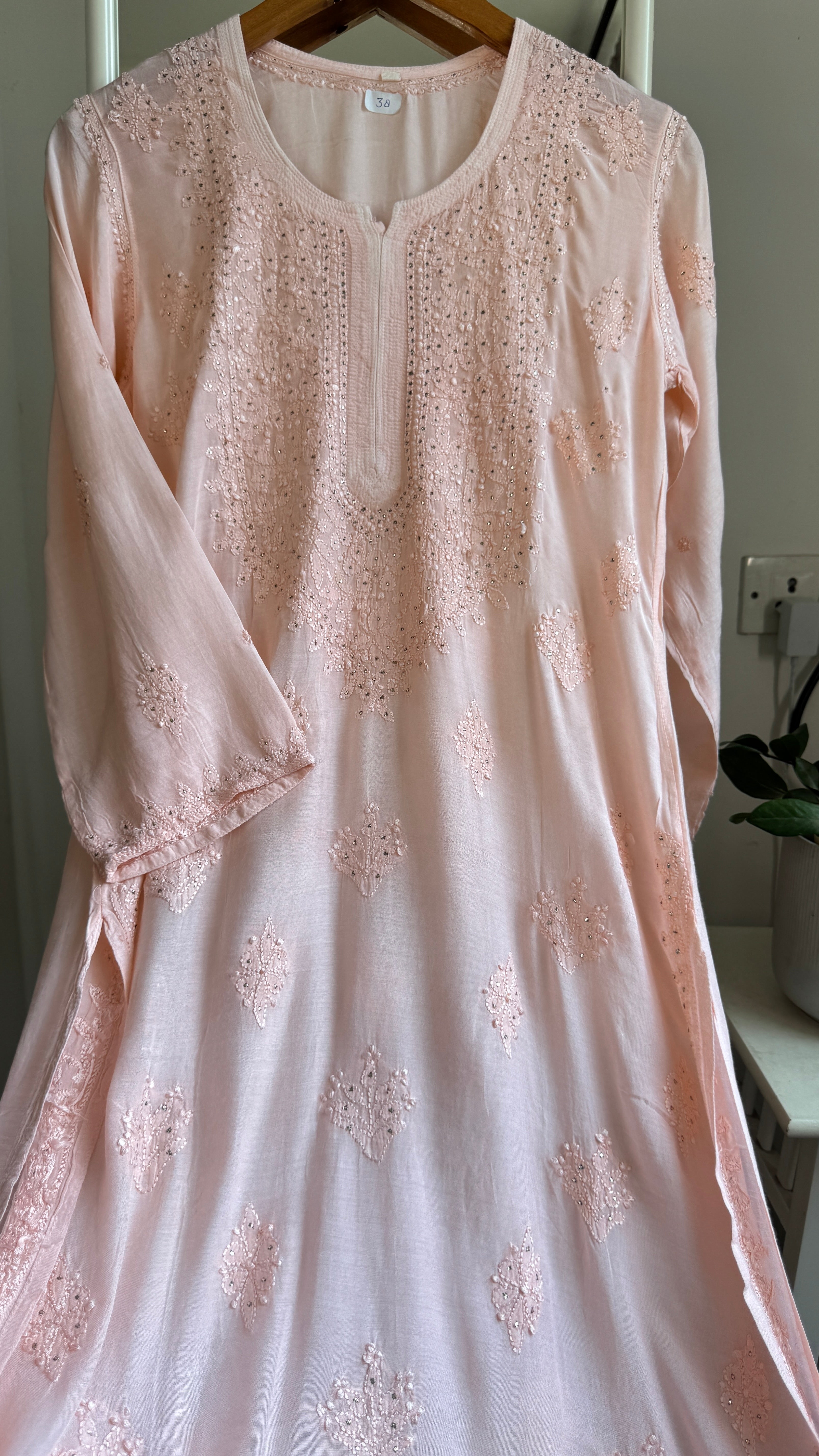 Muslin Chikankari Kurti with Mukaish work -Peach - Aayat Collection