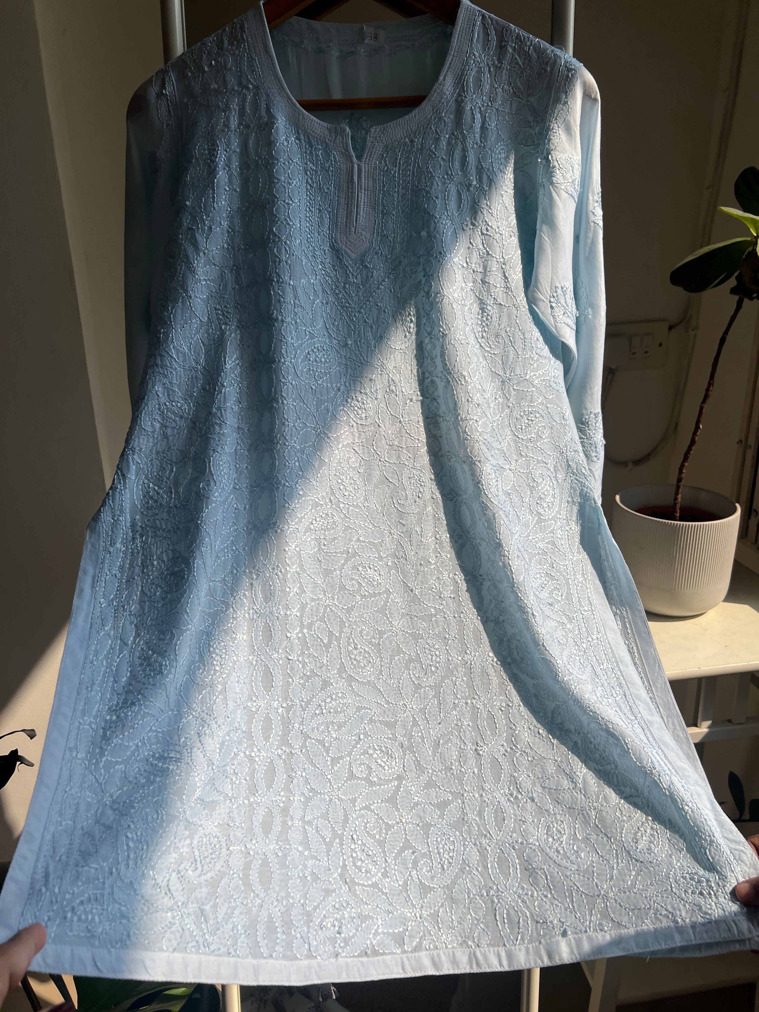 Chikankari Muslin short Top in Baby Blue - HOOR Collection