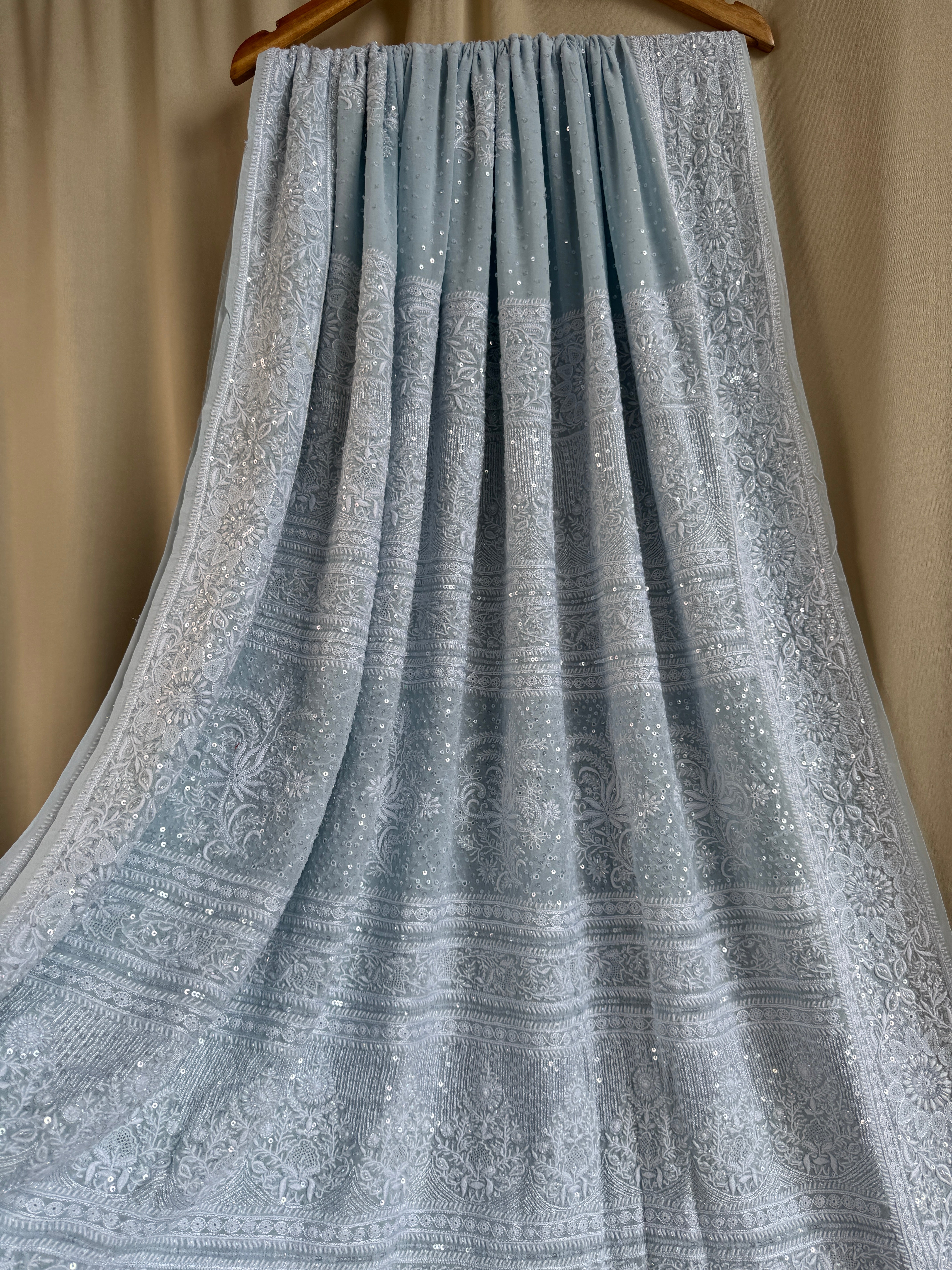 Pure Georgette Lucknow Chikankari Saree -Blue- Rooh Collection