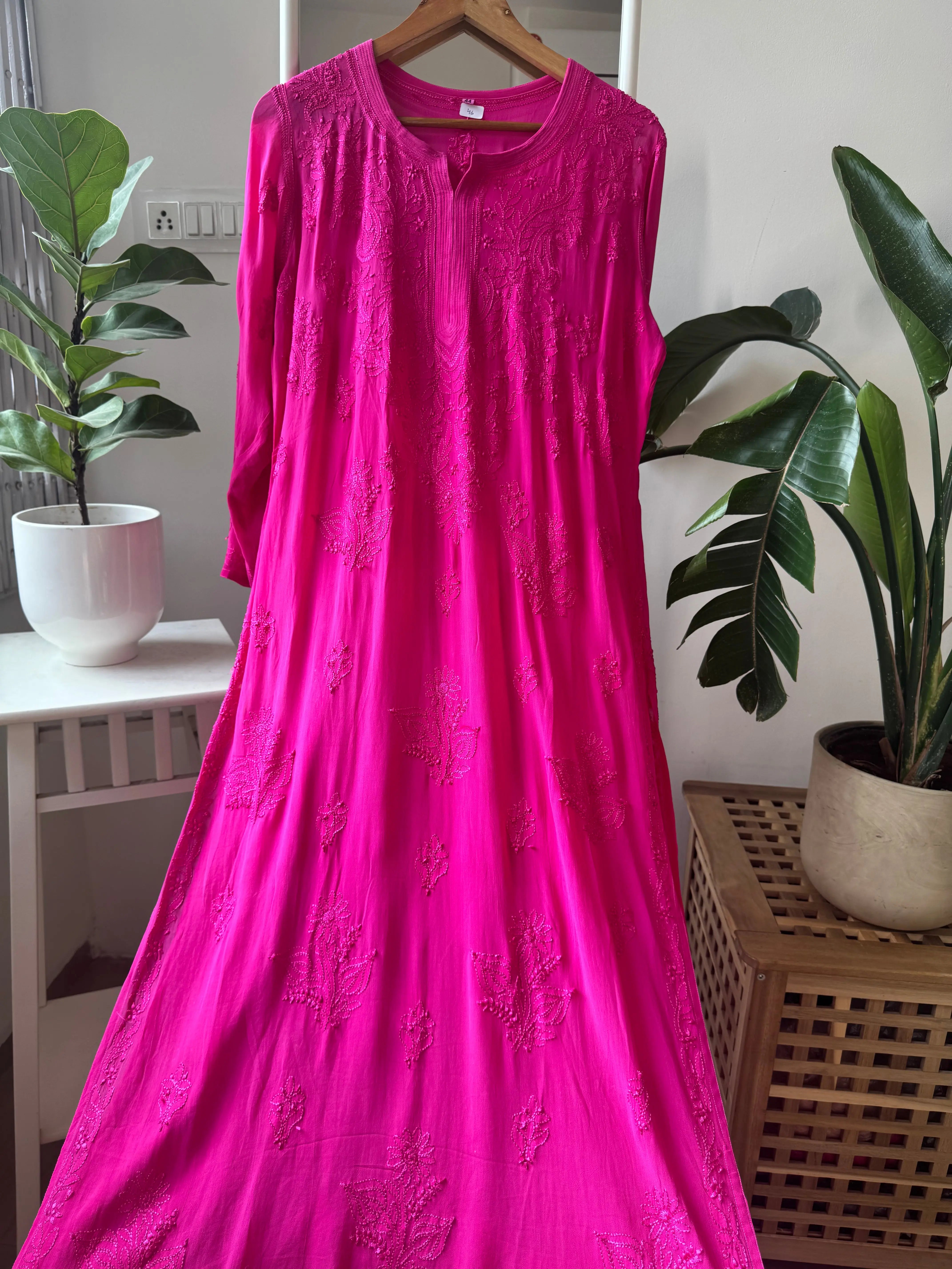 Viscose Kurti - Gala Booti- Hot Pink ARIAA CHIKANKARI 