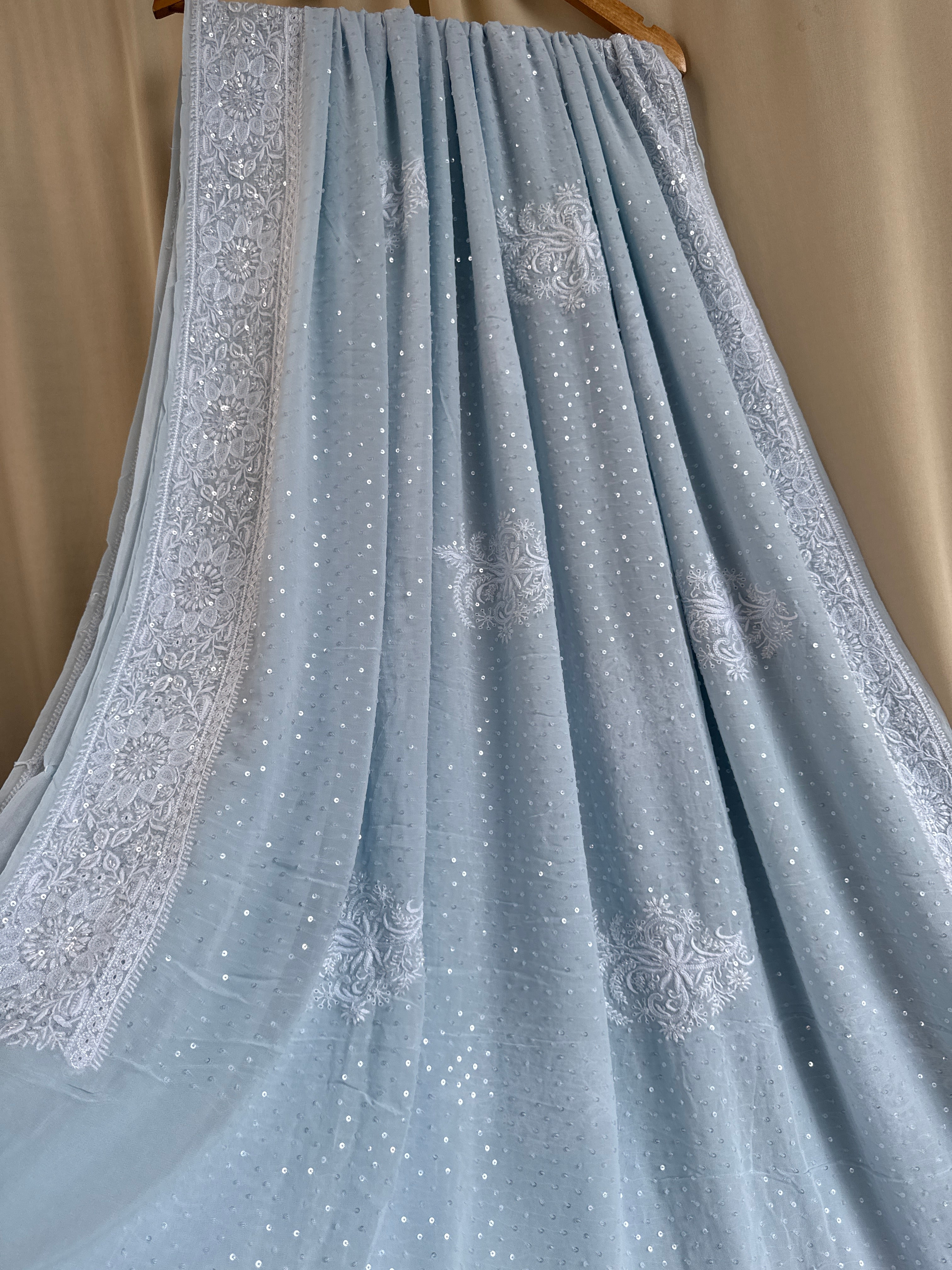 Pure Georgette Lucknow Chikankari Saree -Blue- Rooh Collection