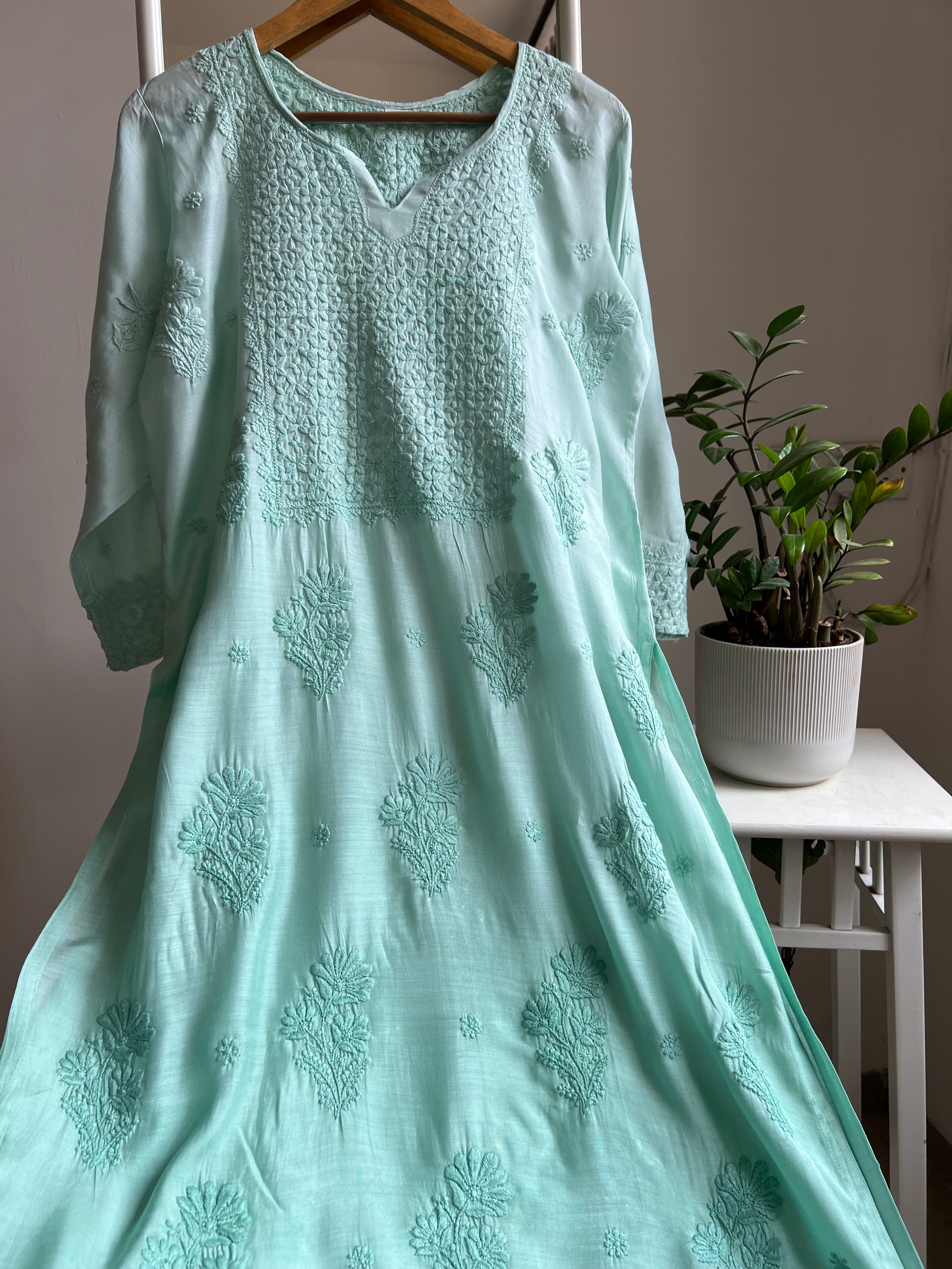 Muslin Chikankari Kurti - Green Ombre ARIAA CHIKANKARI 