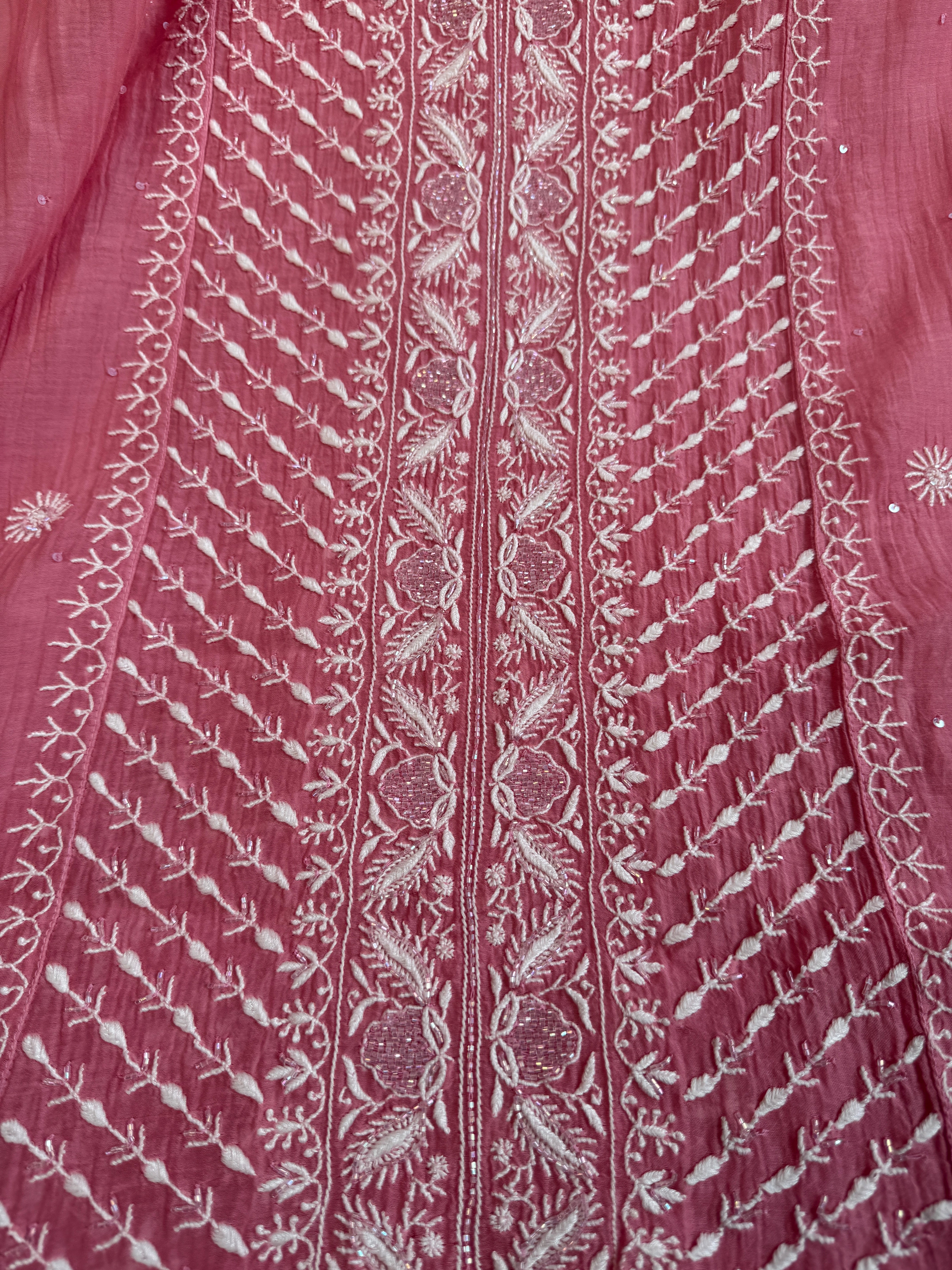Mul Chanderi Chikankari - Unstitched Set - Rosewood