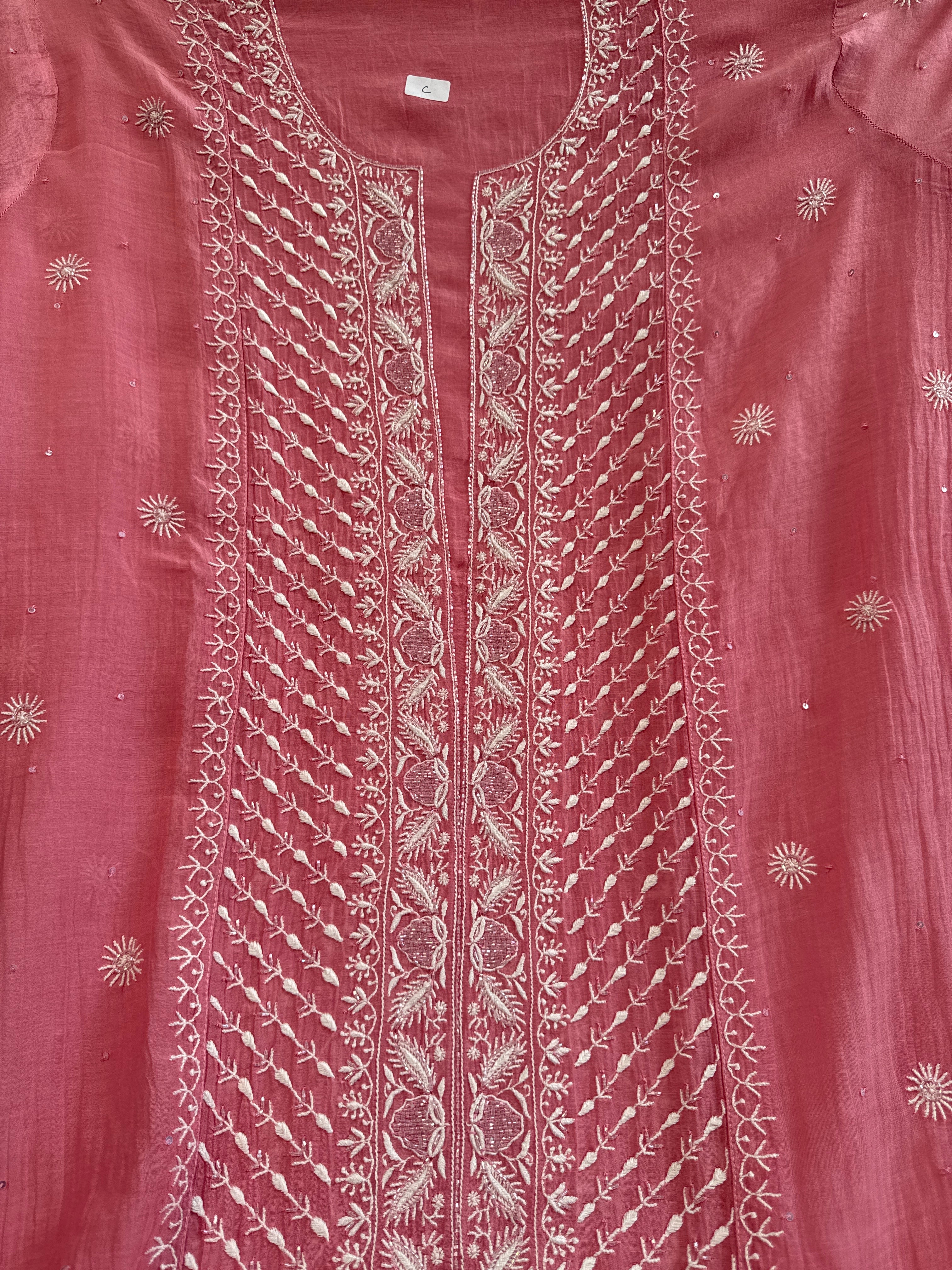 Mul Chanderi Chikankari - Unstitched Set - Rosewood