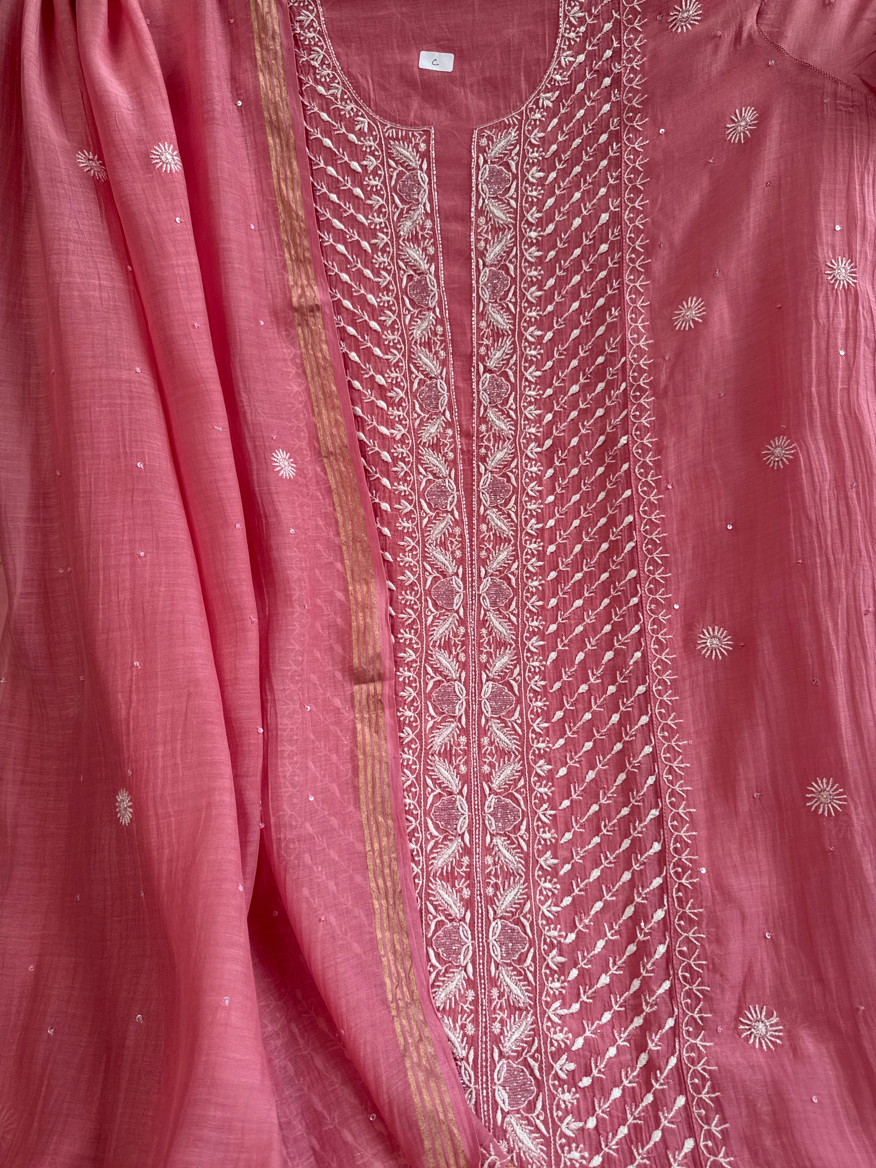 Mul Chanderi Chikankari - Unstitched Set - Rosewood
