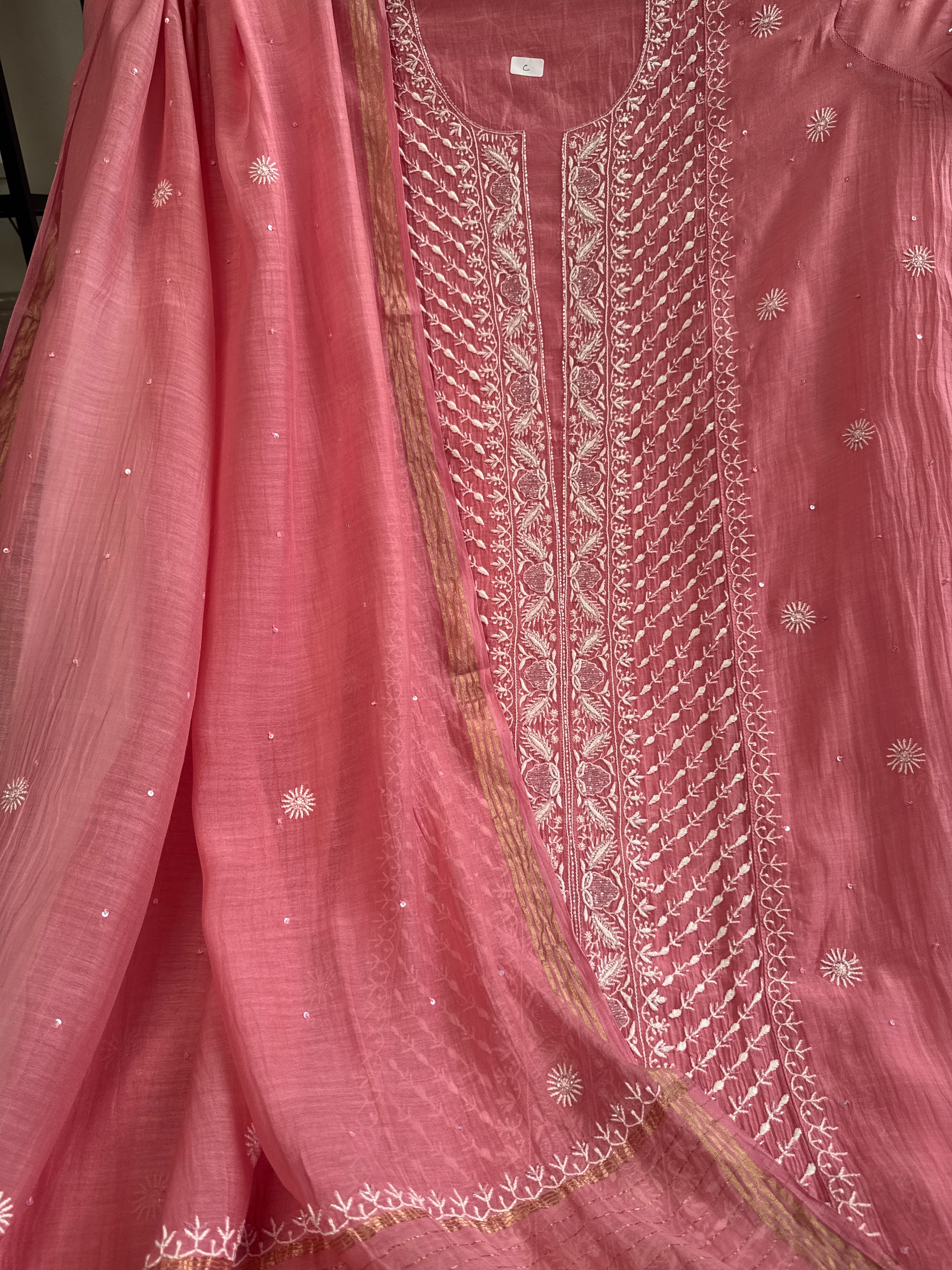 Mul Chanderi Chikankari - Unstitched Set - Rosewood