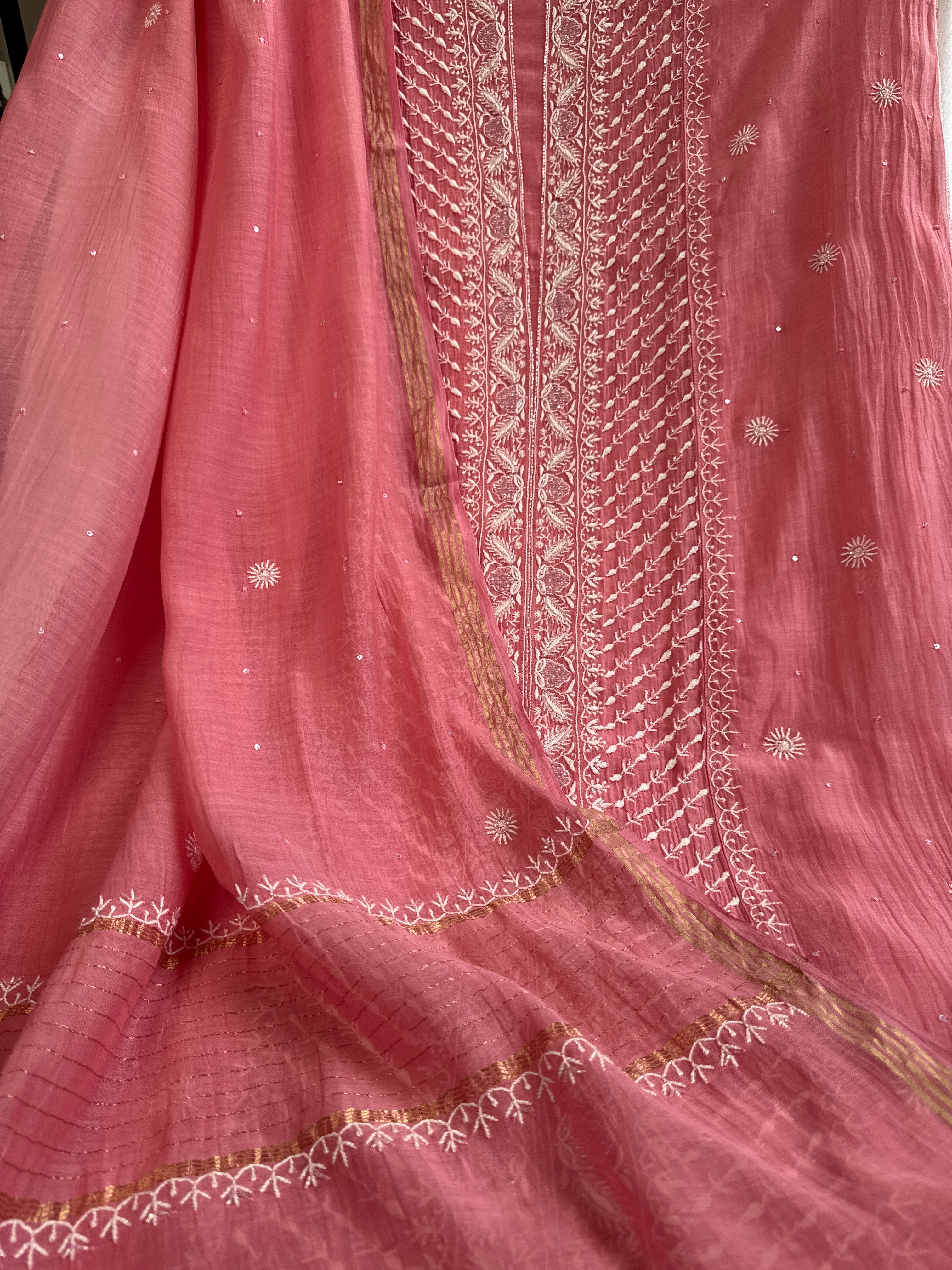 Mul Chanderi Chikankari - Unstitched Set - Rosewood