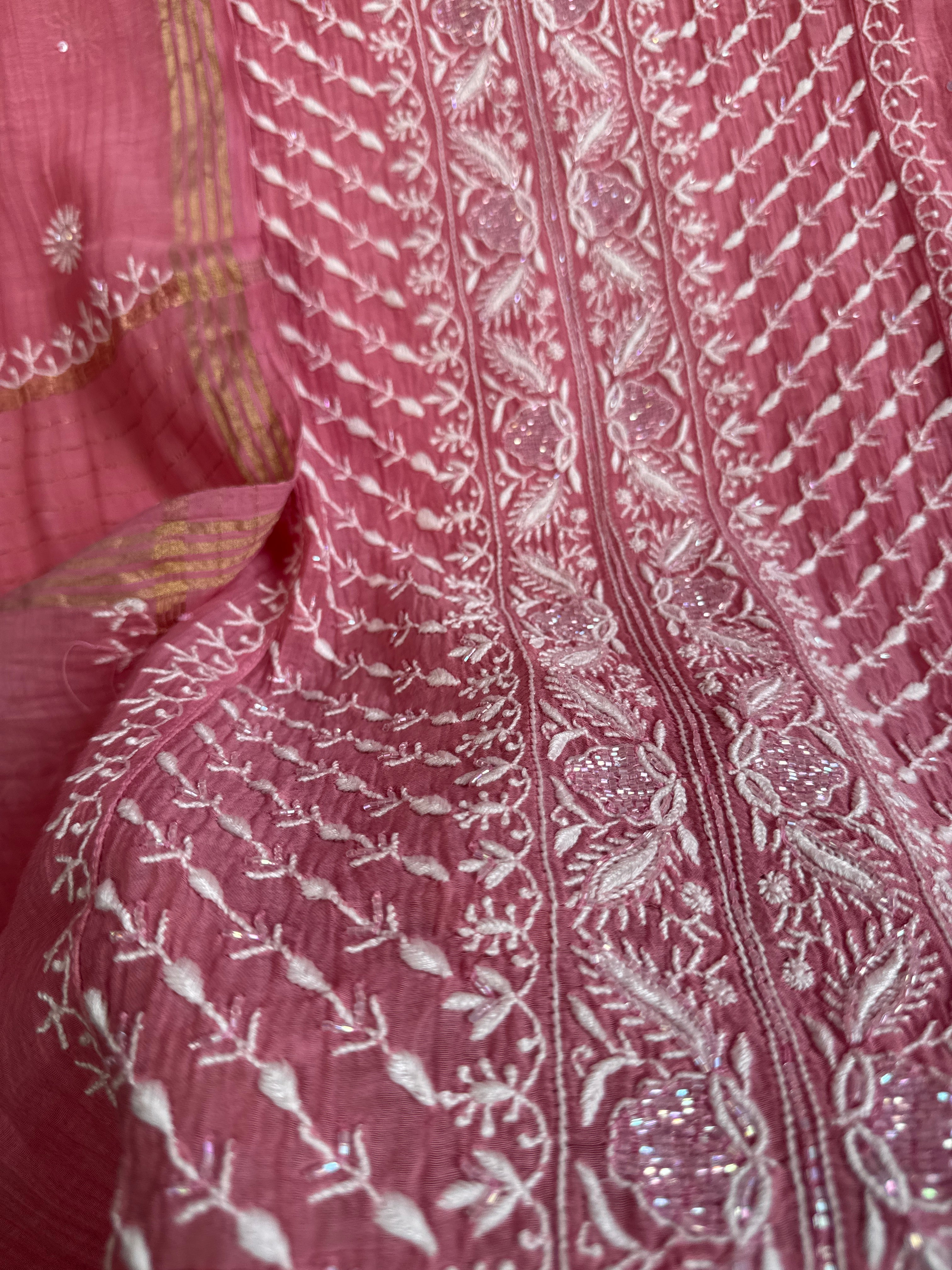 Mul Chanderi Chikankari - Unstitched Set - Rosewood