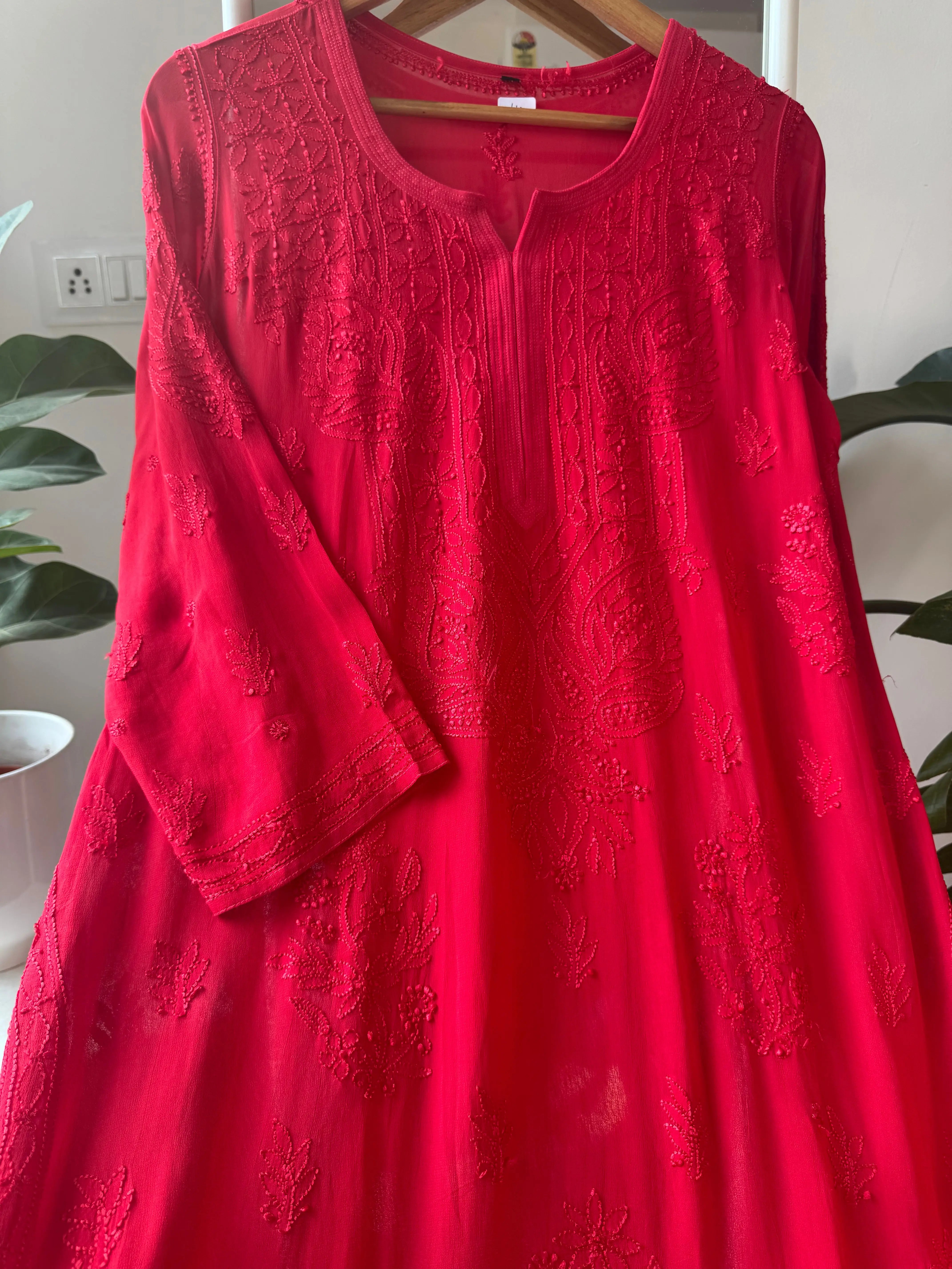 Viscose Kurti - Gala Booti- Red ARIAA CHIKANKARI 