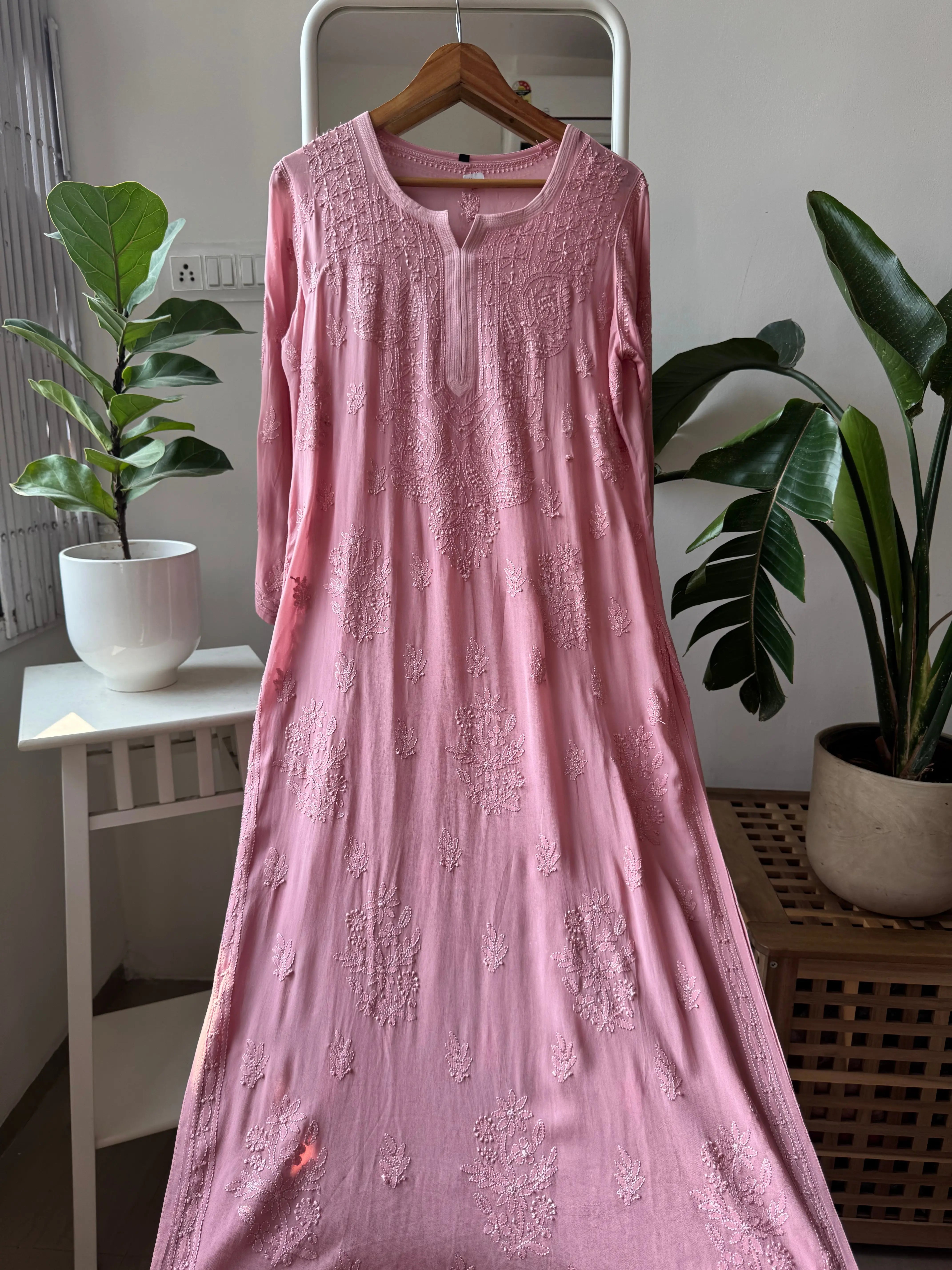 Viscose Kurti - Gala Booti- Rosewood Pink ARIAA CHIKANKARI 