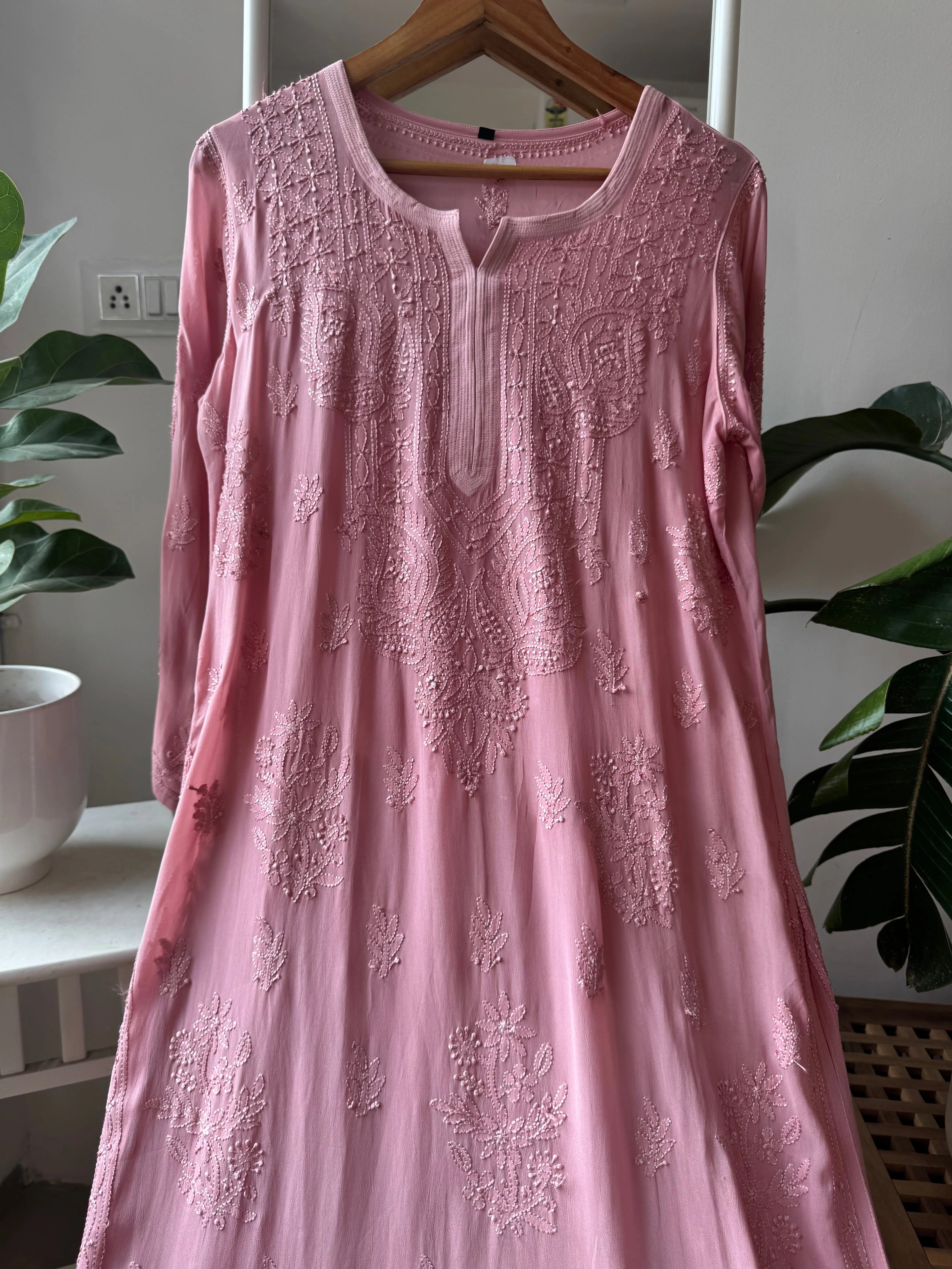 Viscose Kurti - Gala Booti- Rosewood Pink ARIAA CHIKANKARI 