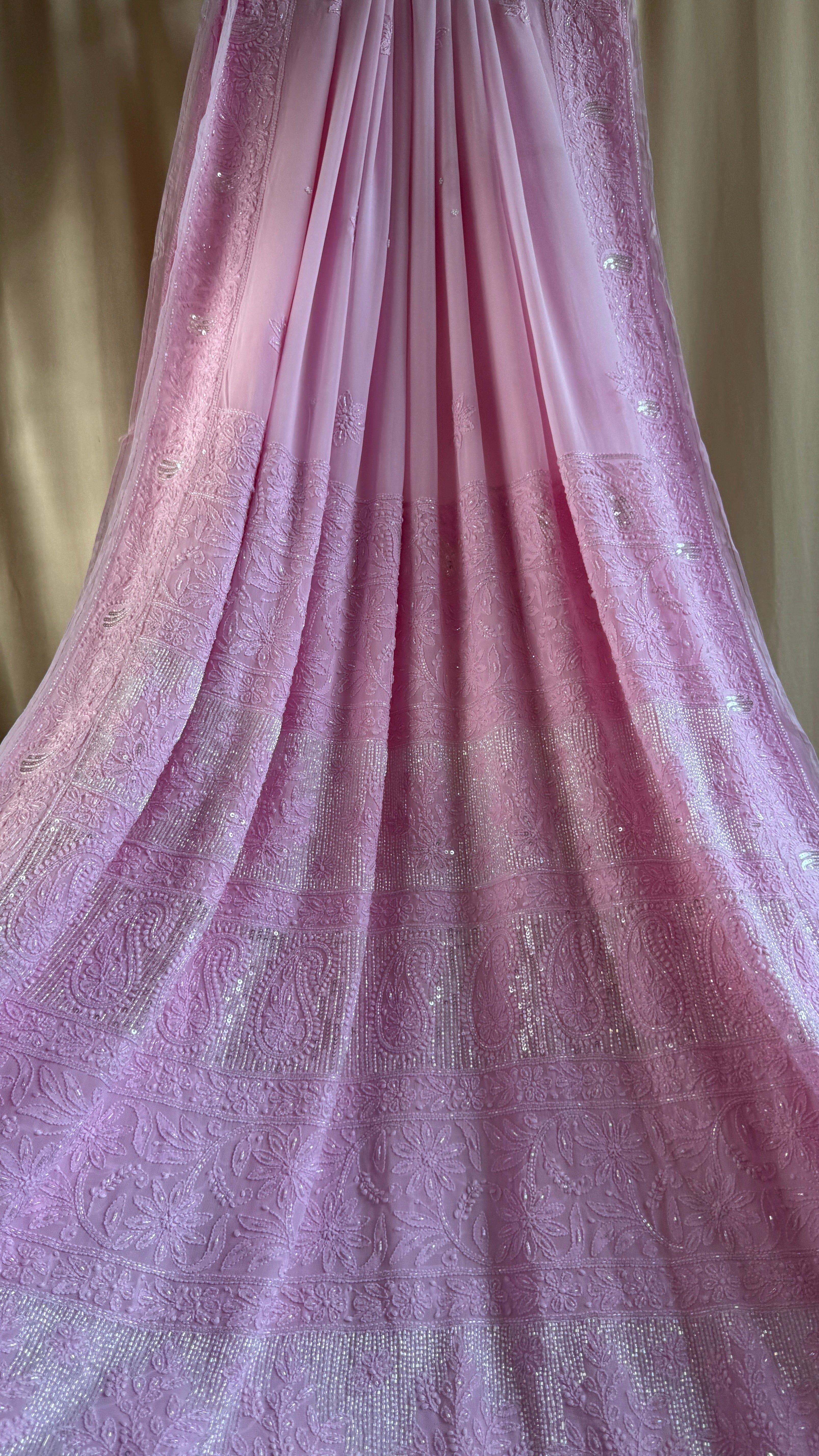 Viscose Chikankari saree with Pearl embellishments - Pink
