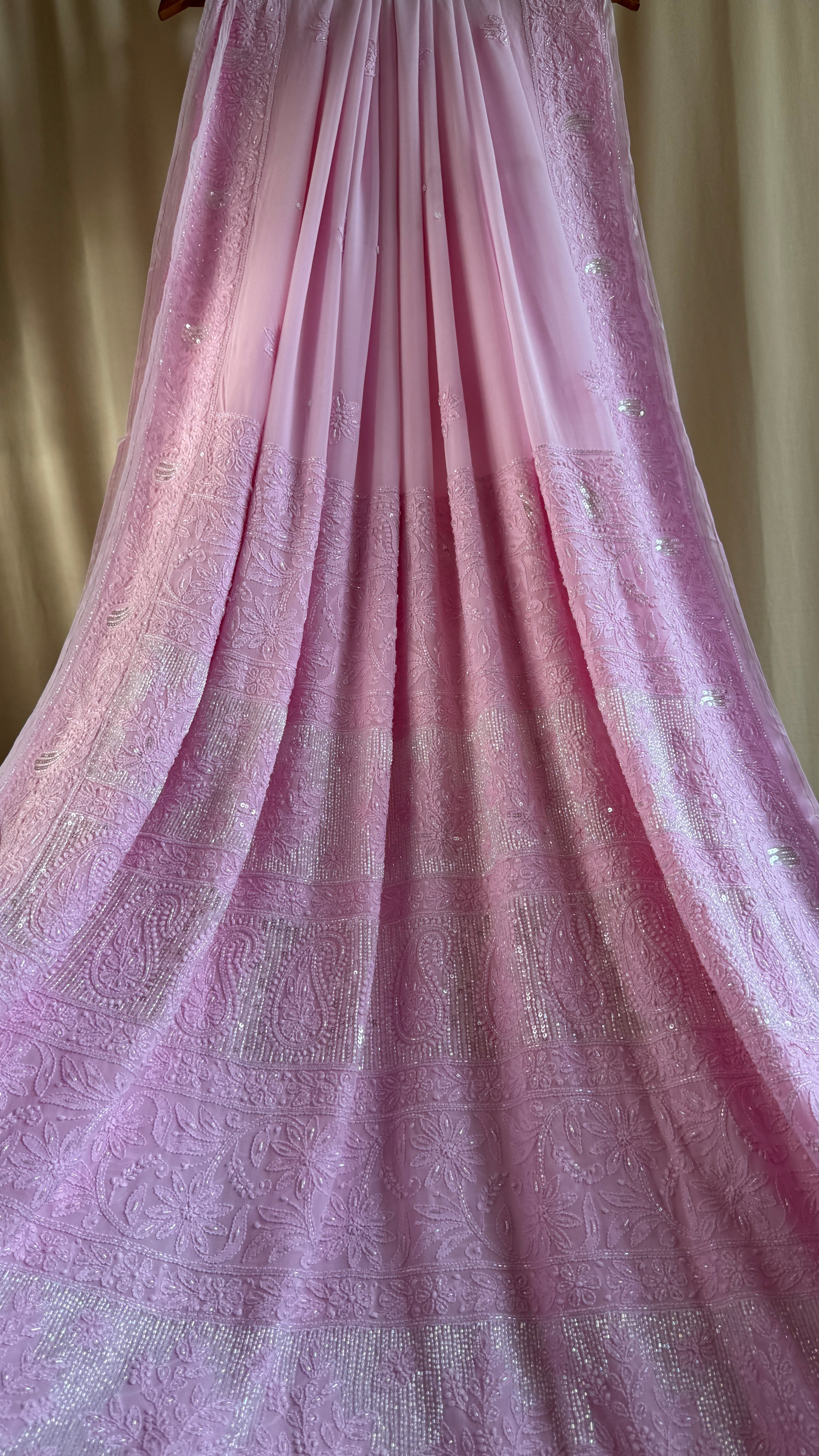 Viscose Chikankari saree with Pearl embellishments - Pink