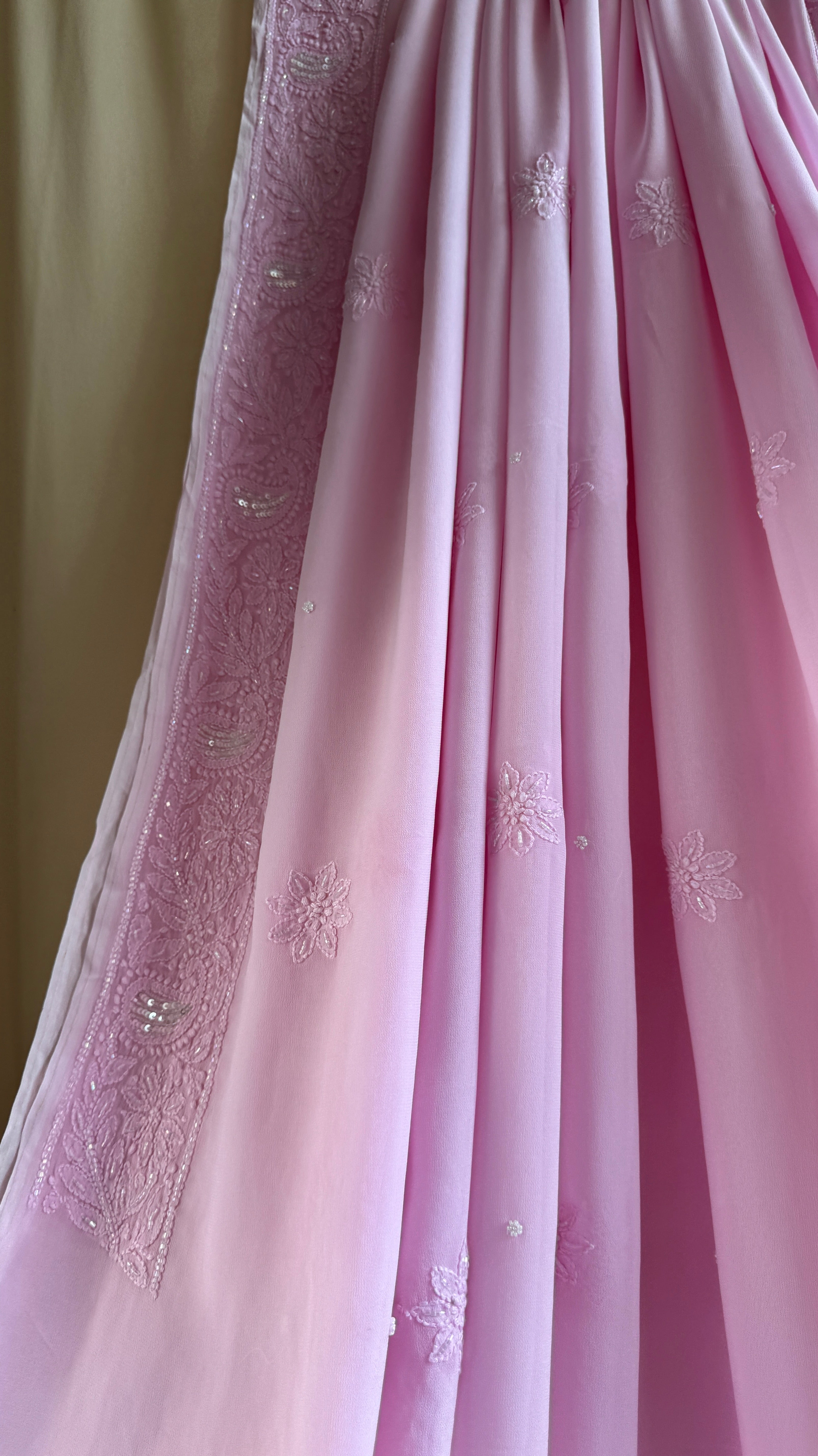 Viscose Chikankari saree with Pearl embellishments - Pink