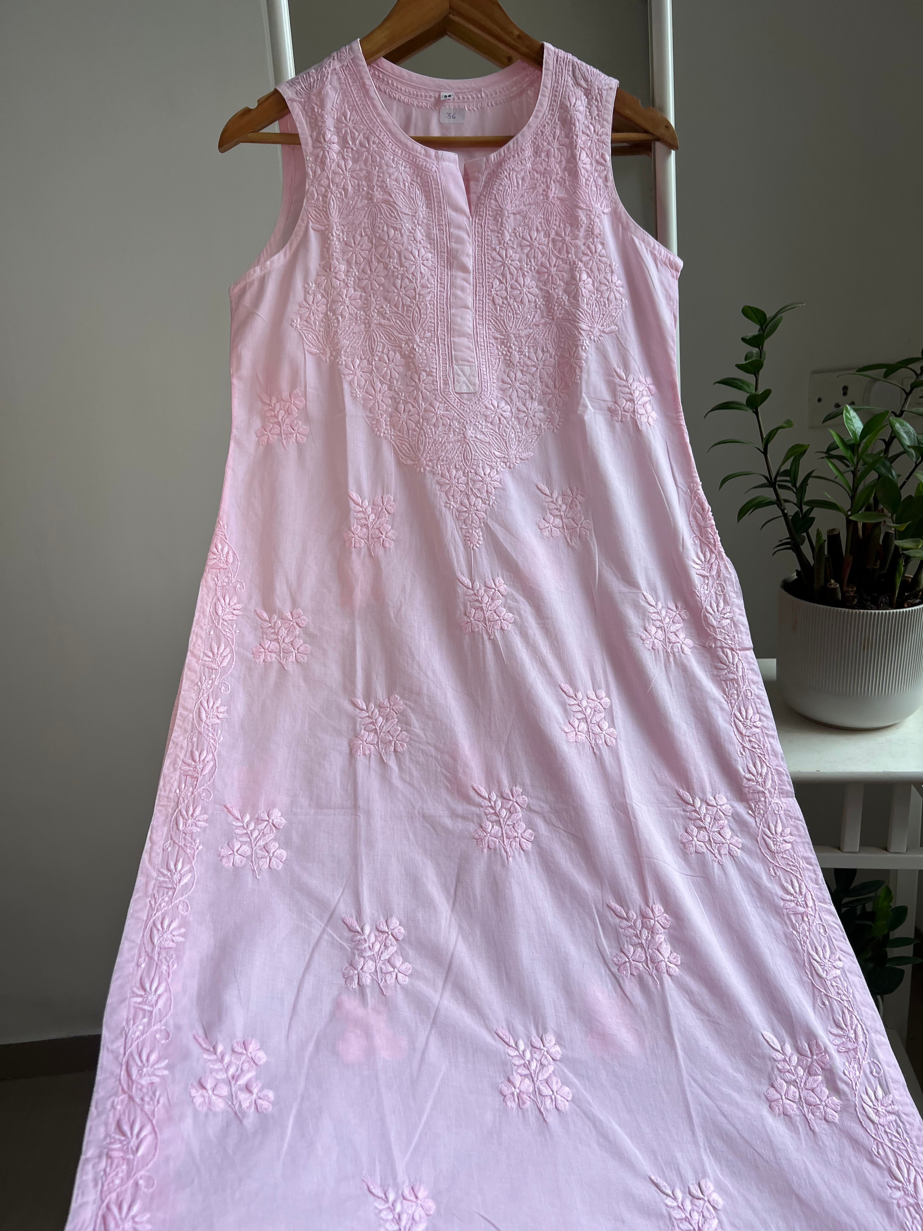Mul Cotton Sleevless Chikankari Kurti - Pink ARIAA CHIKANKARI 