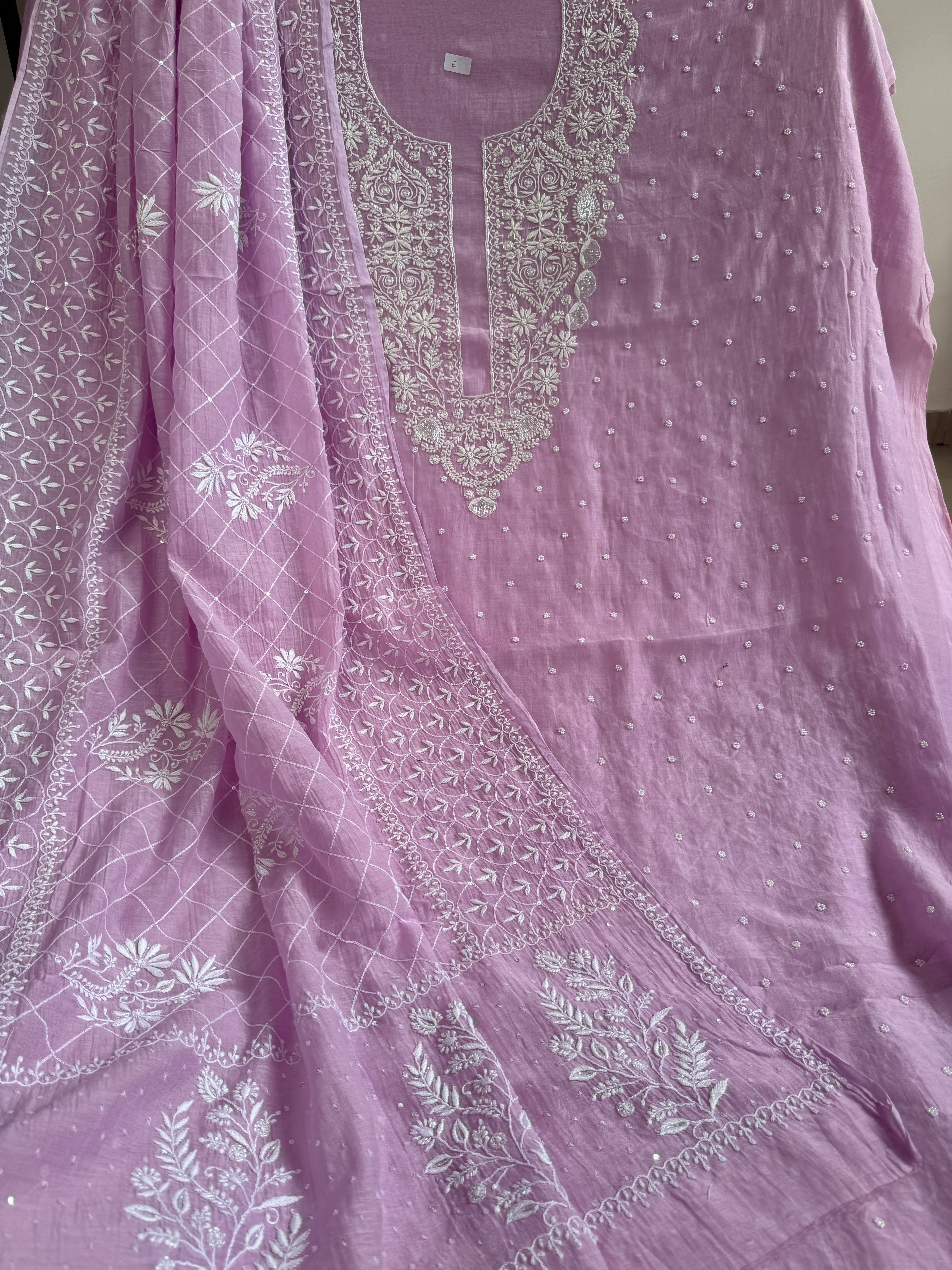Mul Chanderi Chikankari - Unstitched Set - Lilac