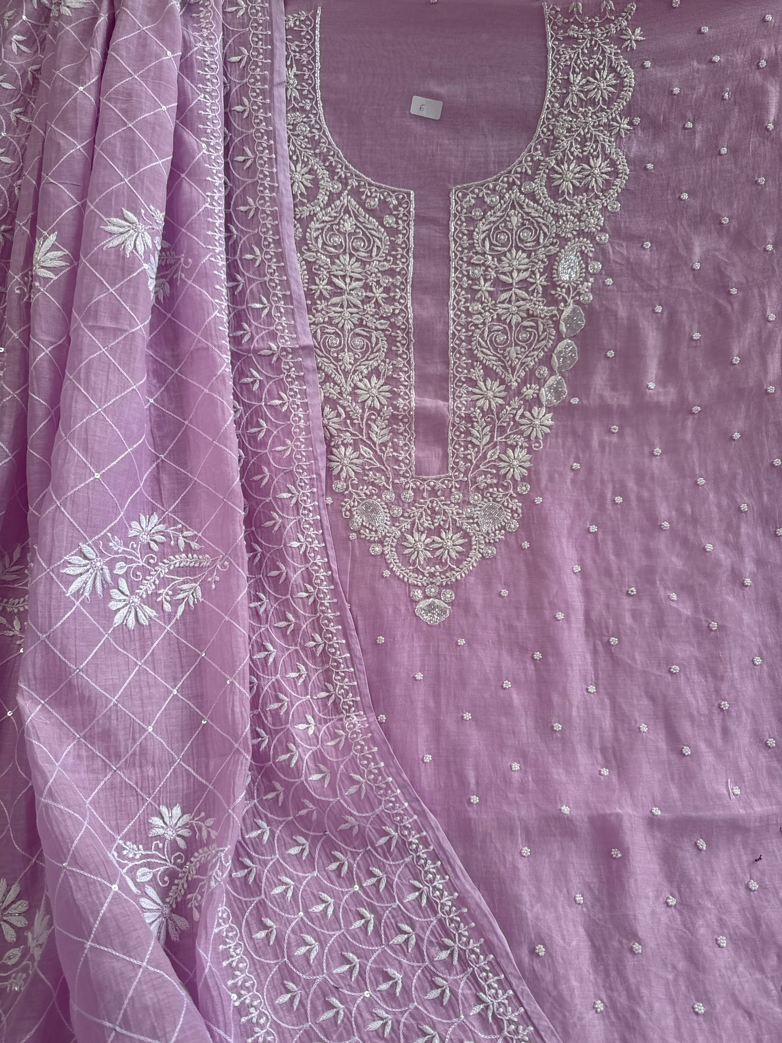 Mul Chanderi Chikankari - Unstitched Set - Lilac