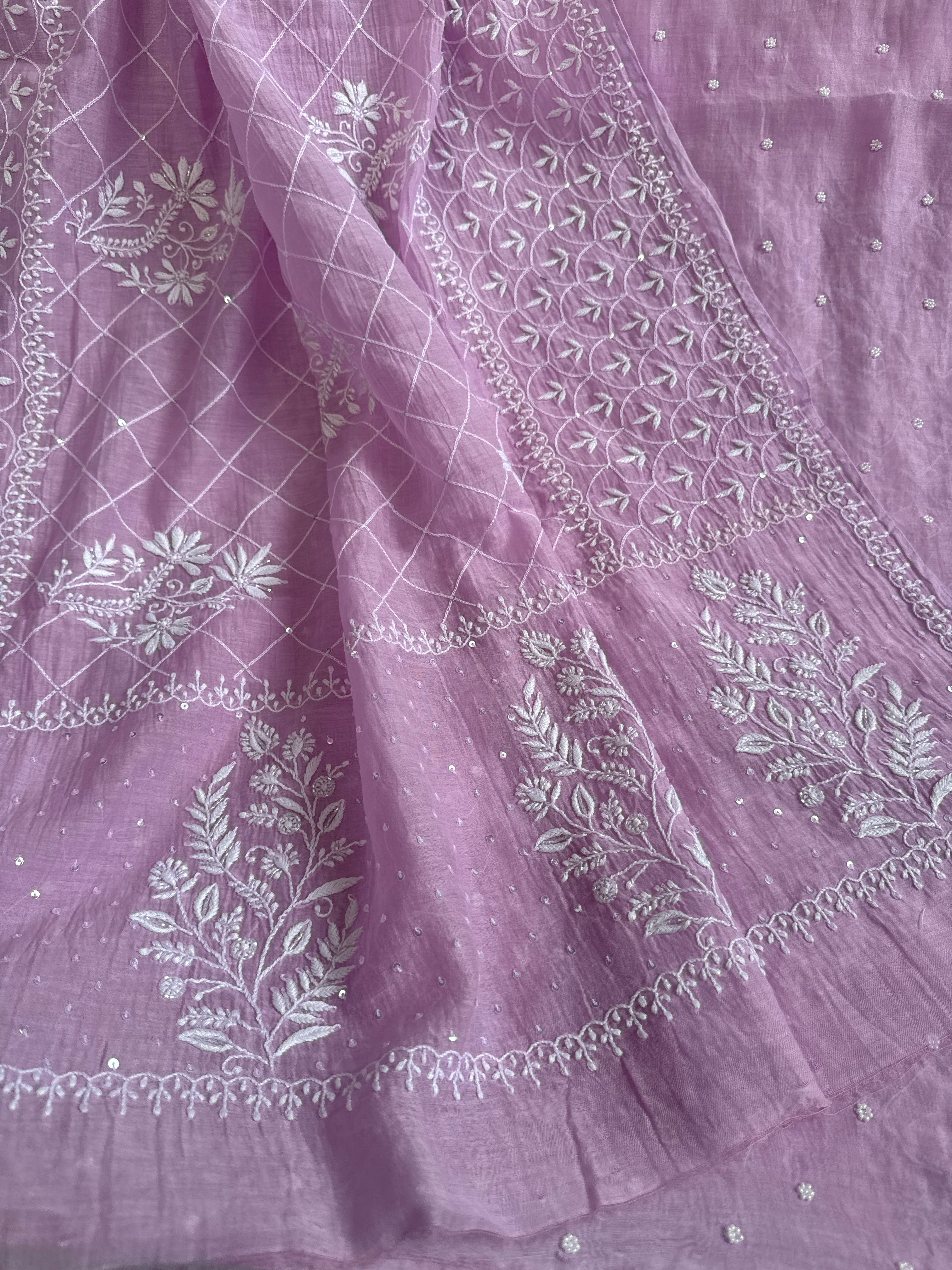 Mul Chanderi Chikankari - Unstitched Set - Lilac