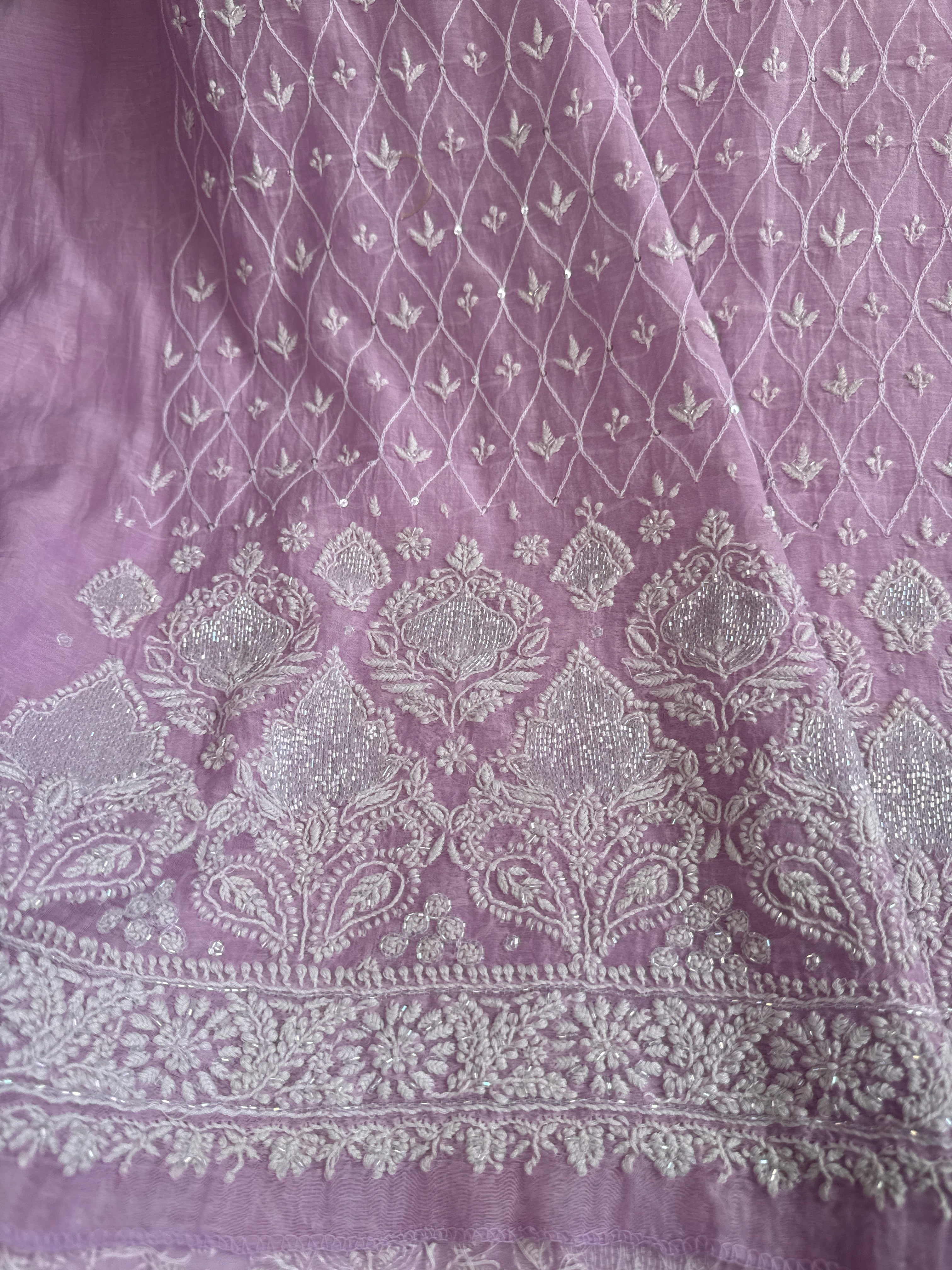 Mul Chanderi Chikankari - Unstitched Set - Lilac