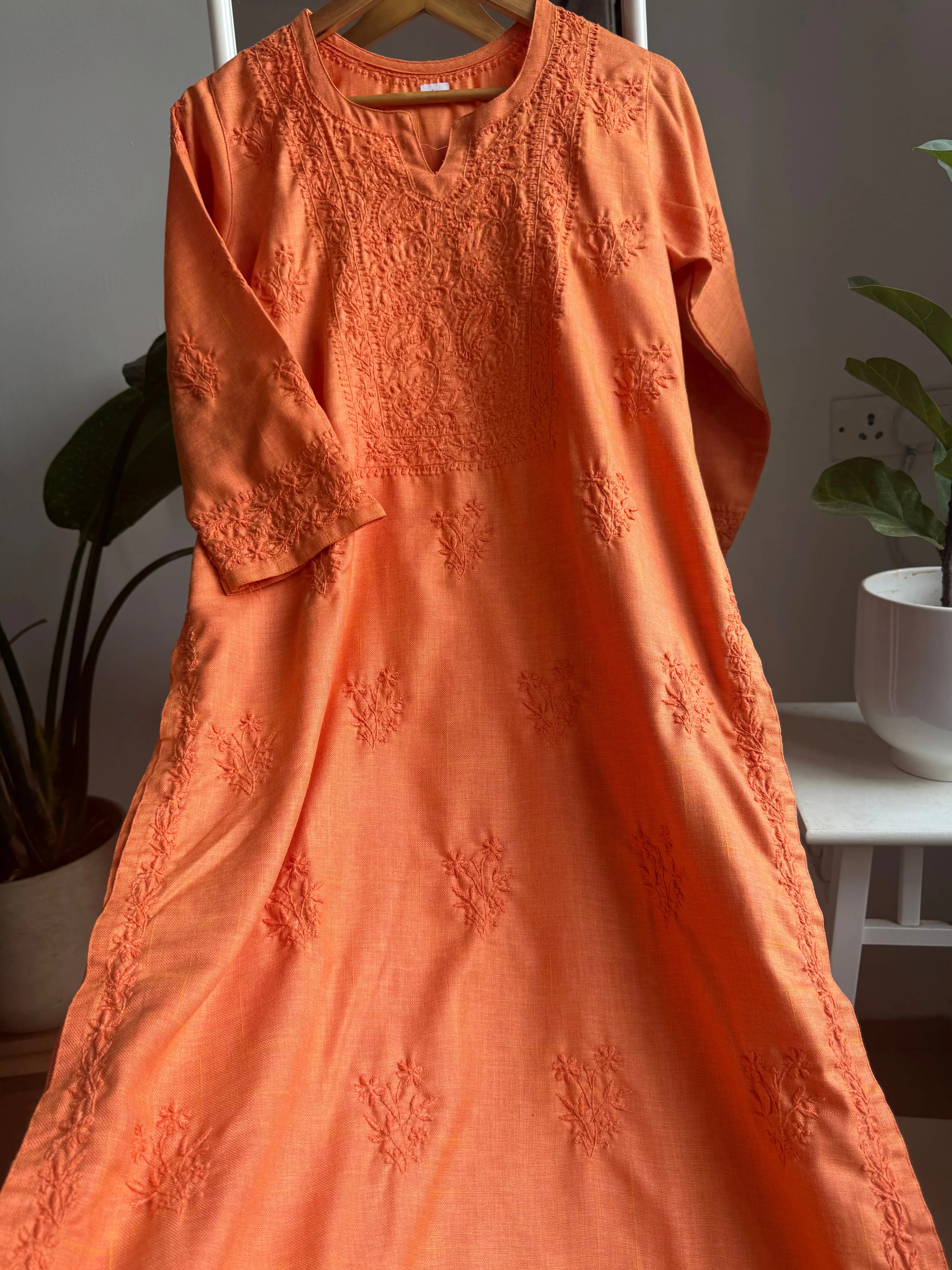 Thick Cotton Chikankari Kurti - Orange ARIAA CHIKANKARI 