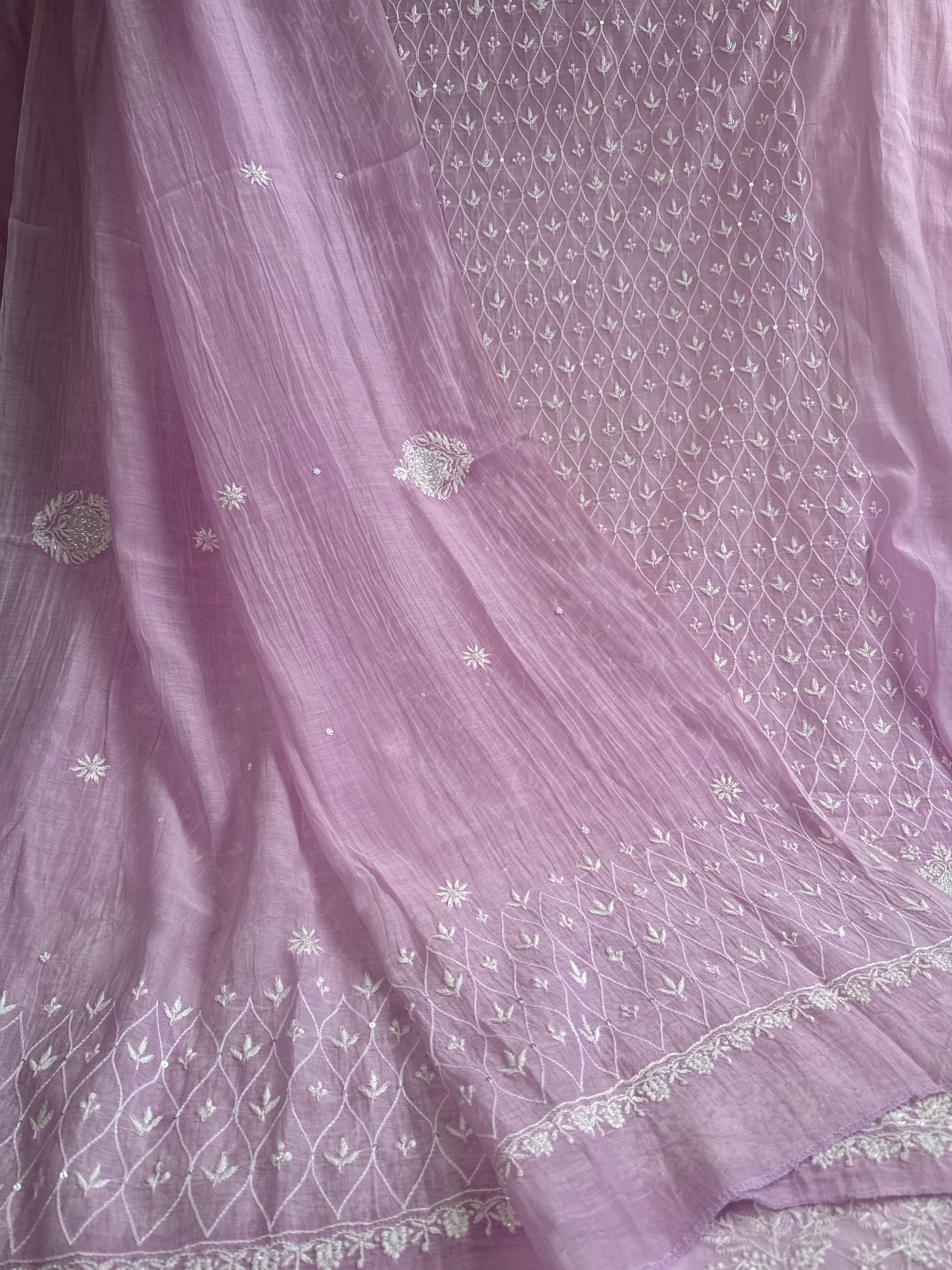 Mul Chanderi Chikankari - Unstitched Set - Lilac
