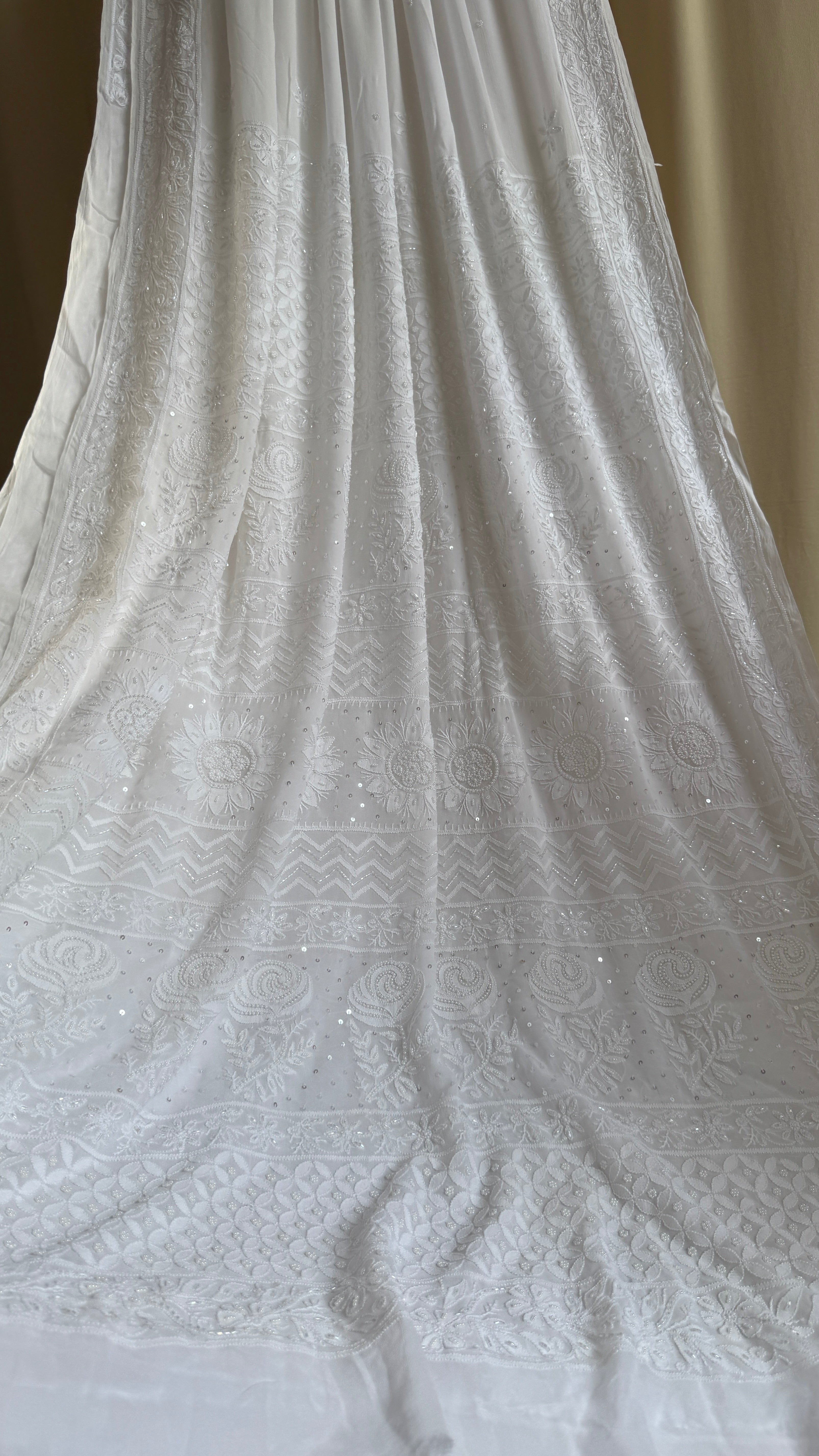 Viscose White Chikankari saree with Pearl embellishments