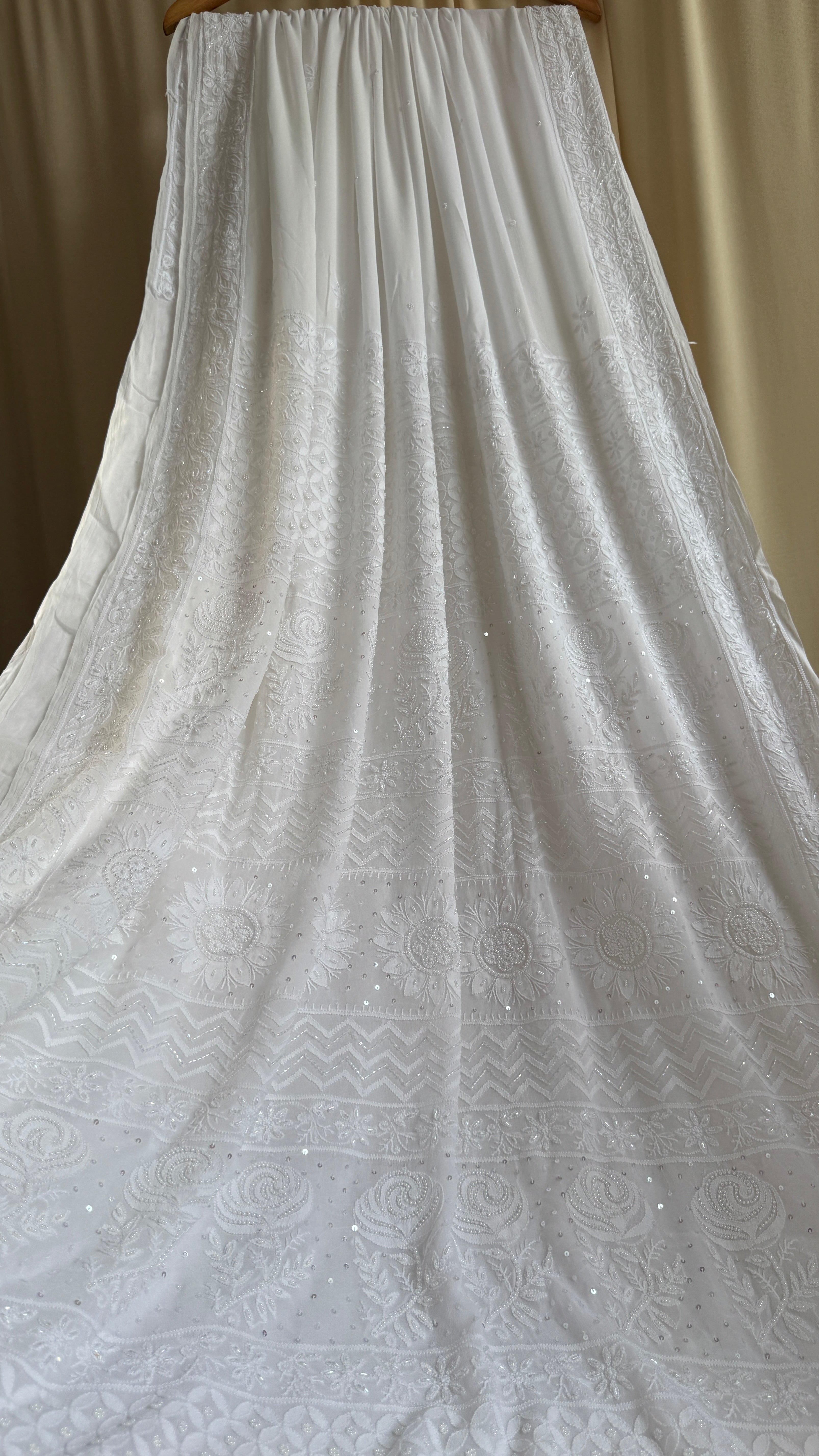 Viscose White Chikankari saree with Pearl embellishments