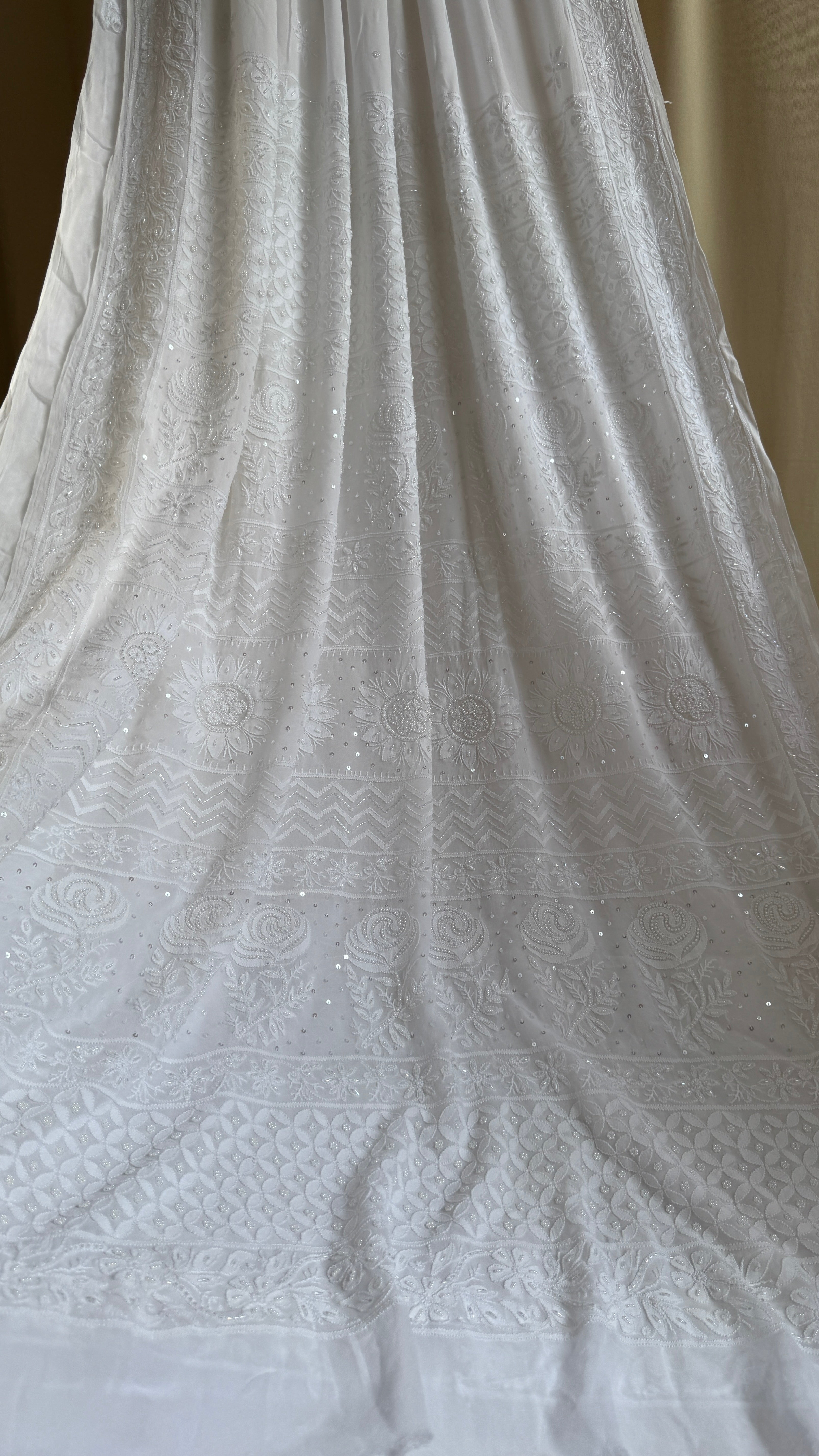 Viscose White Chikankari saree with Pearl embellishments