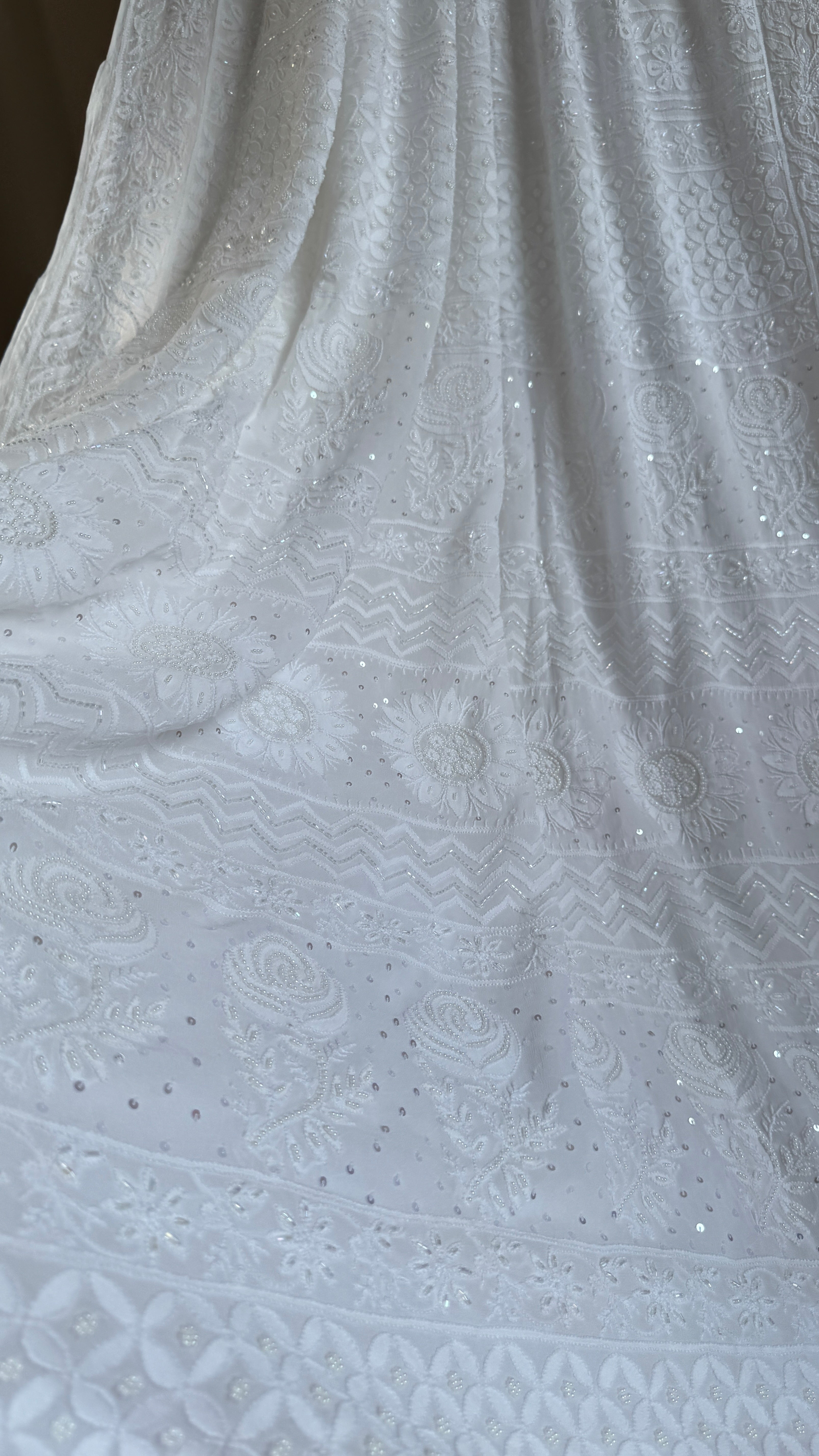 Viscose White Chikankari saree with Pearl embellishments