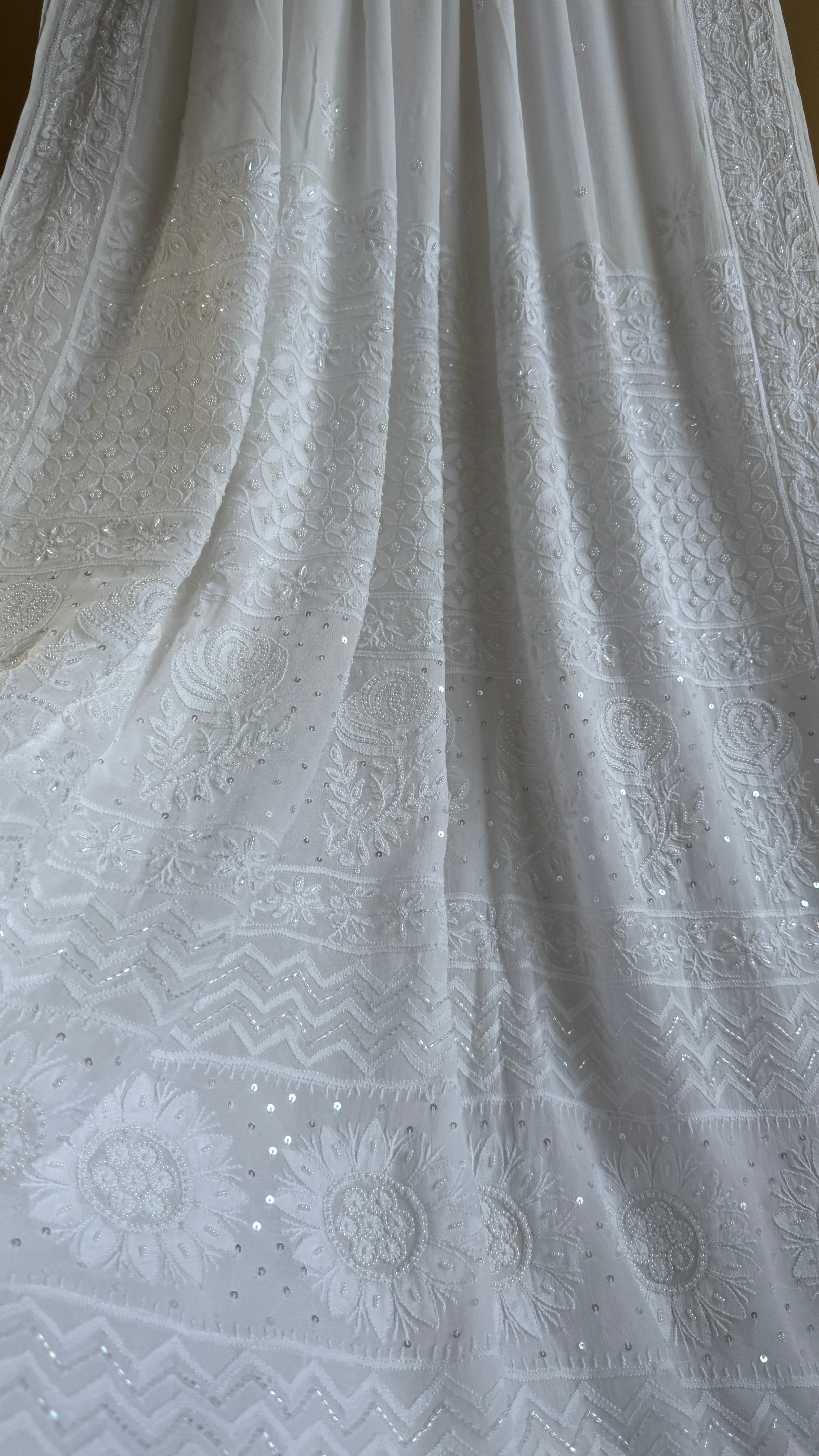Viscose White Chikankari saree with Pearl embellishments