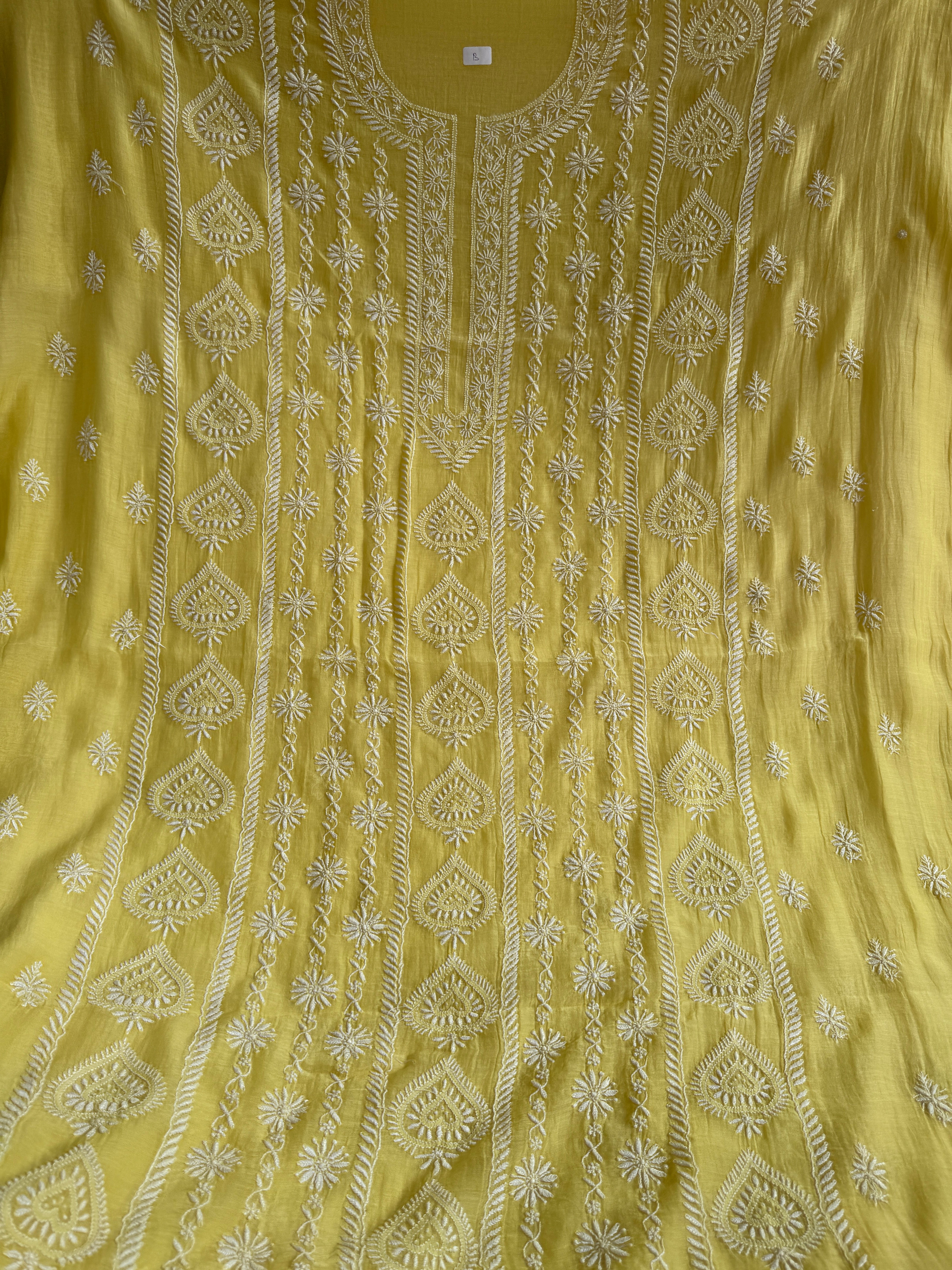 Mul Chanderi Chikankari Unstitched Length with Dupatta - Yellow