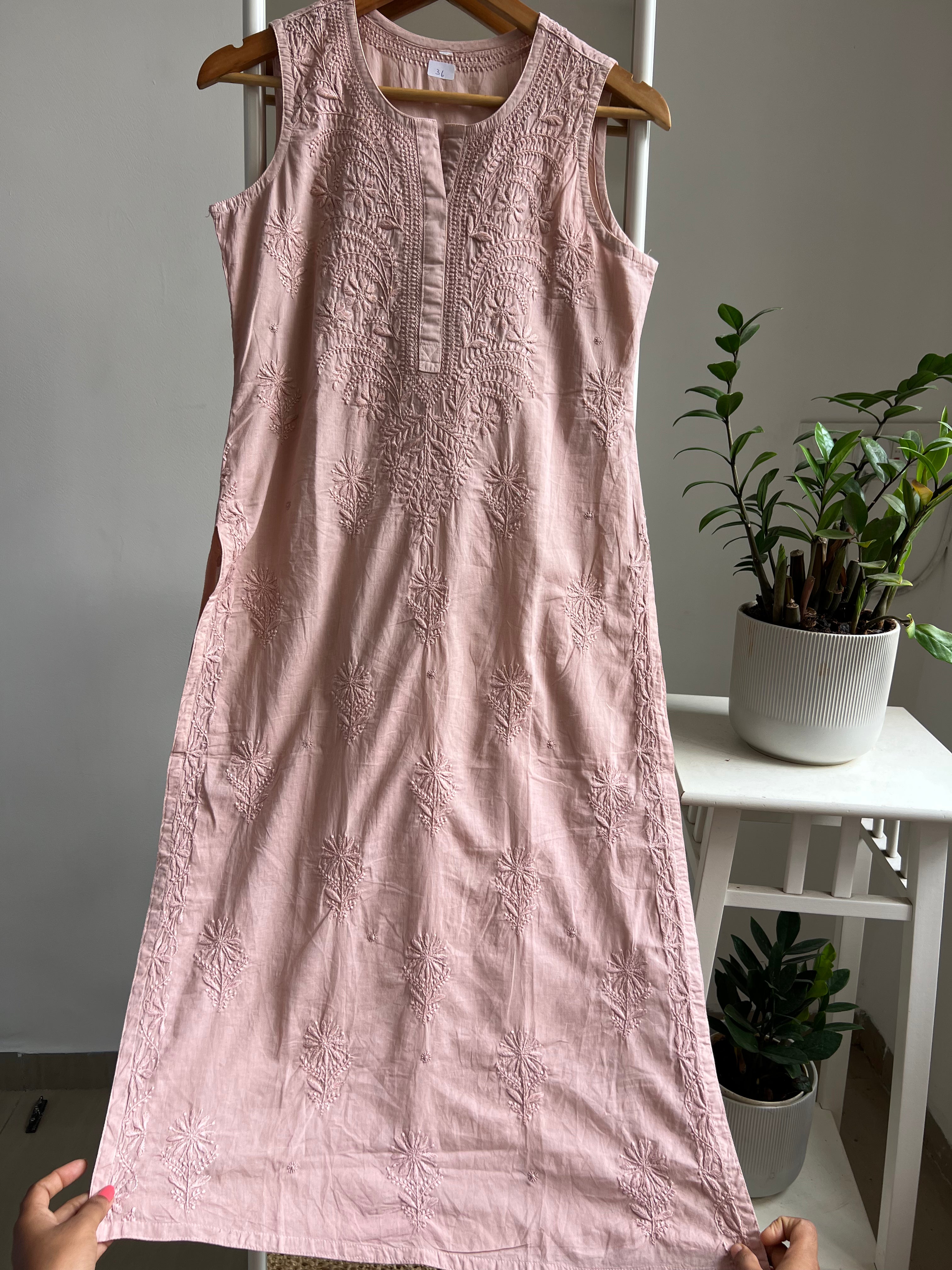 Mul Cotton Sleevless Chikankari Kurti - Brown ARIAA CHIKANKARI 