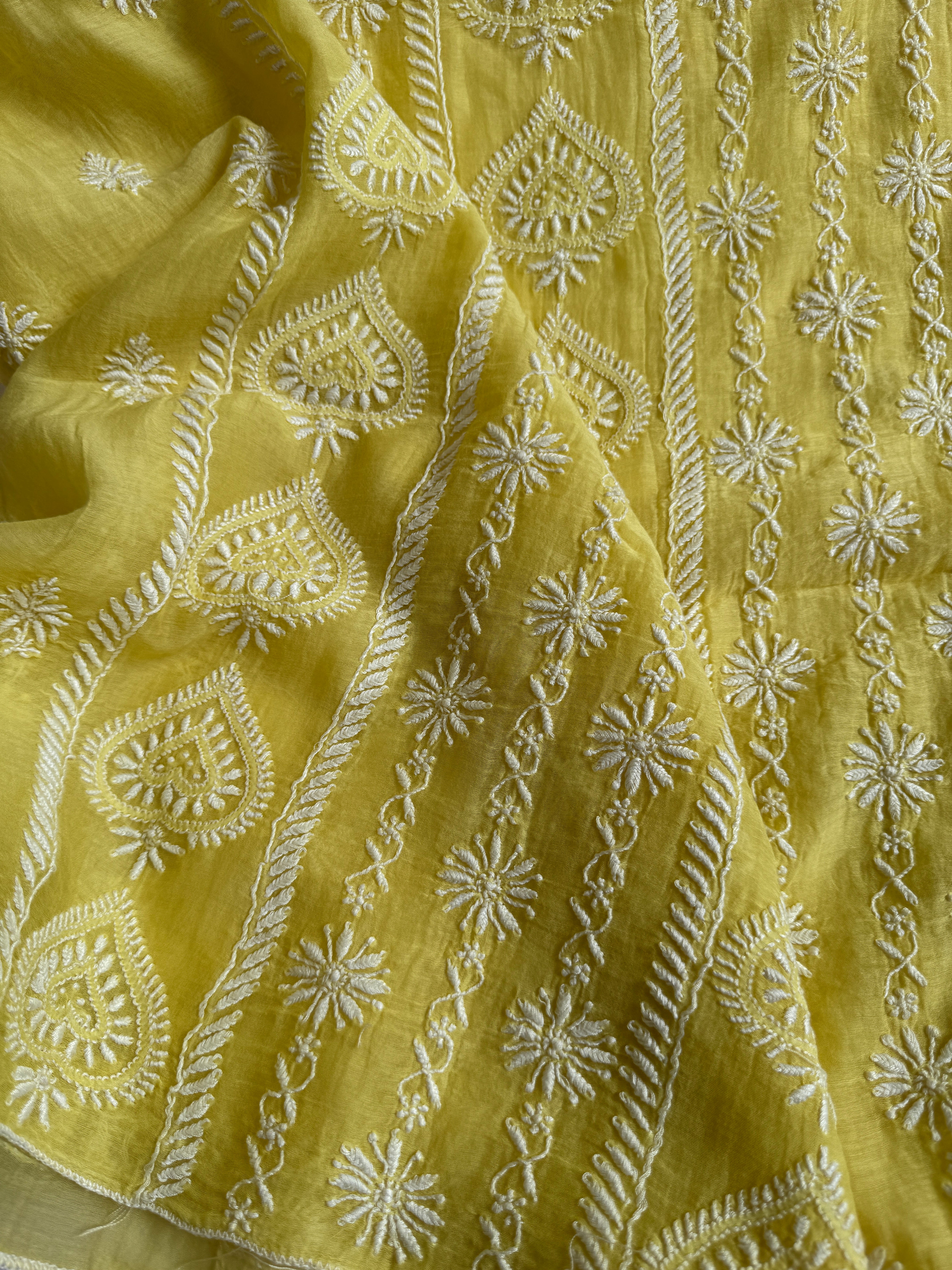 Mul Chanderi Chikankari Unstitched Length with Dupatta - Yellow