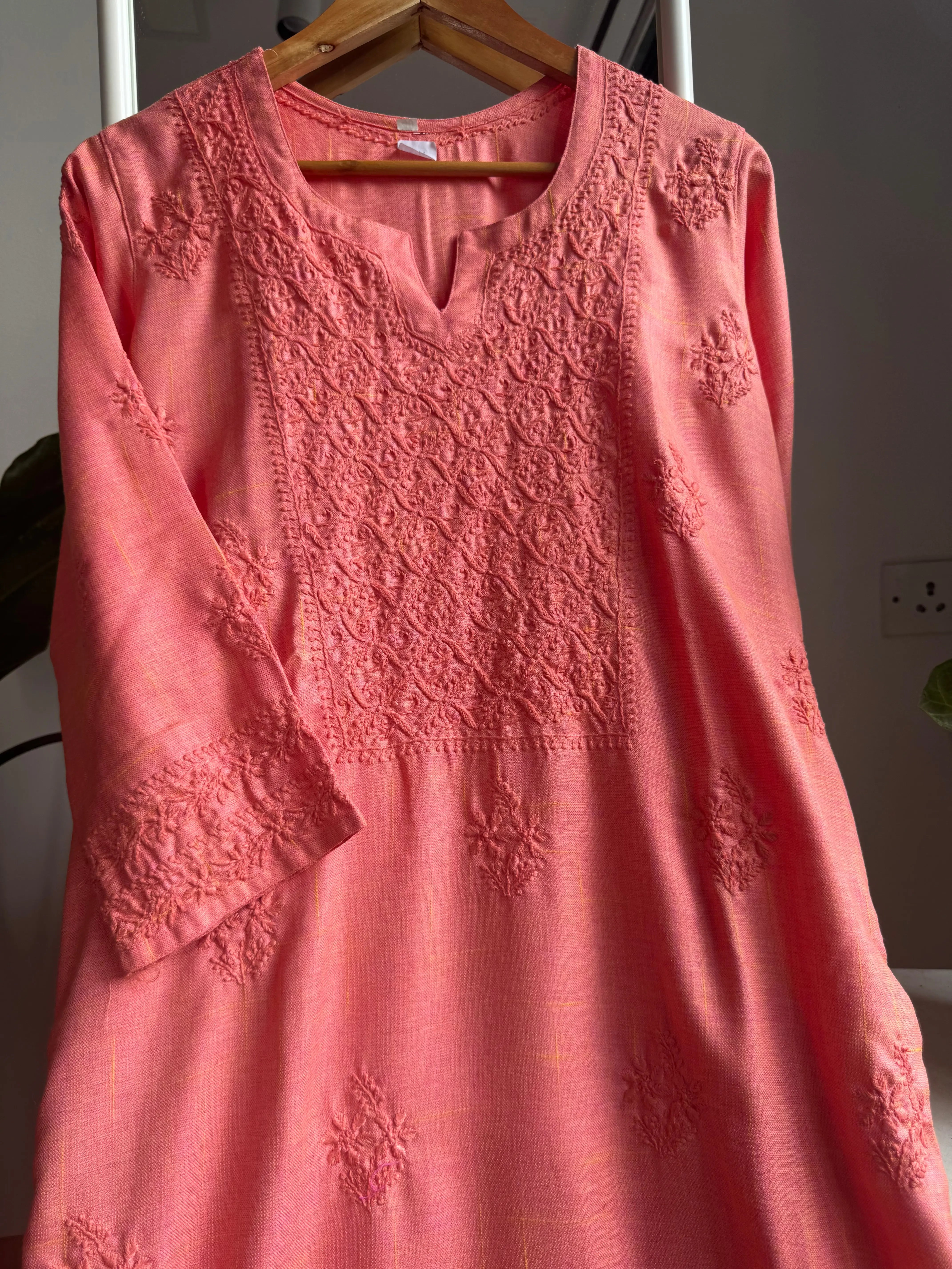 Thick Cotton Chikankari Kurti - Carrot Pink ARIAA CHIKANKARI 